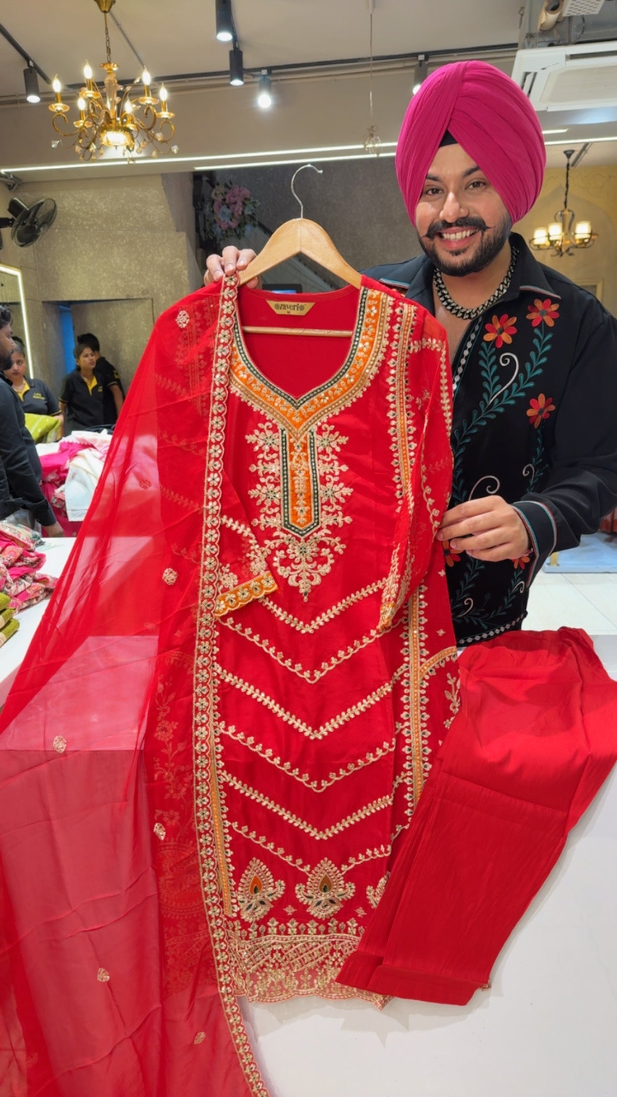 Red Fully embroidered Party wear Straight suit with Beautiful Duppata