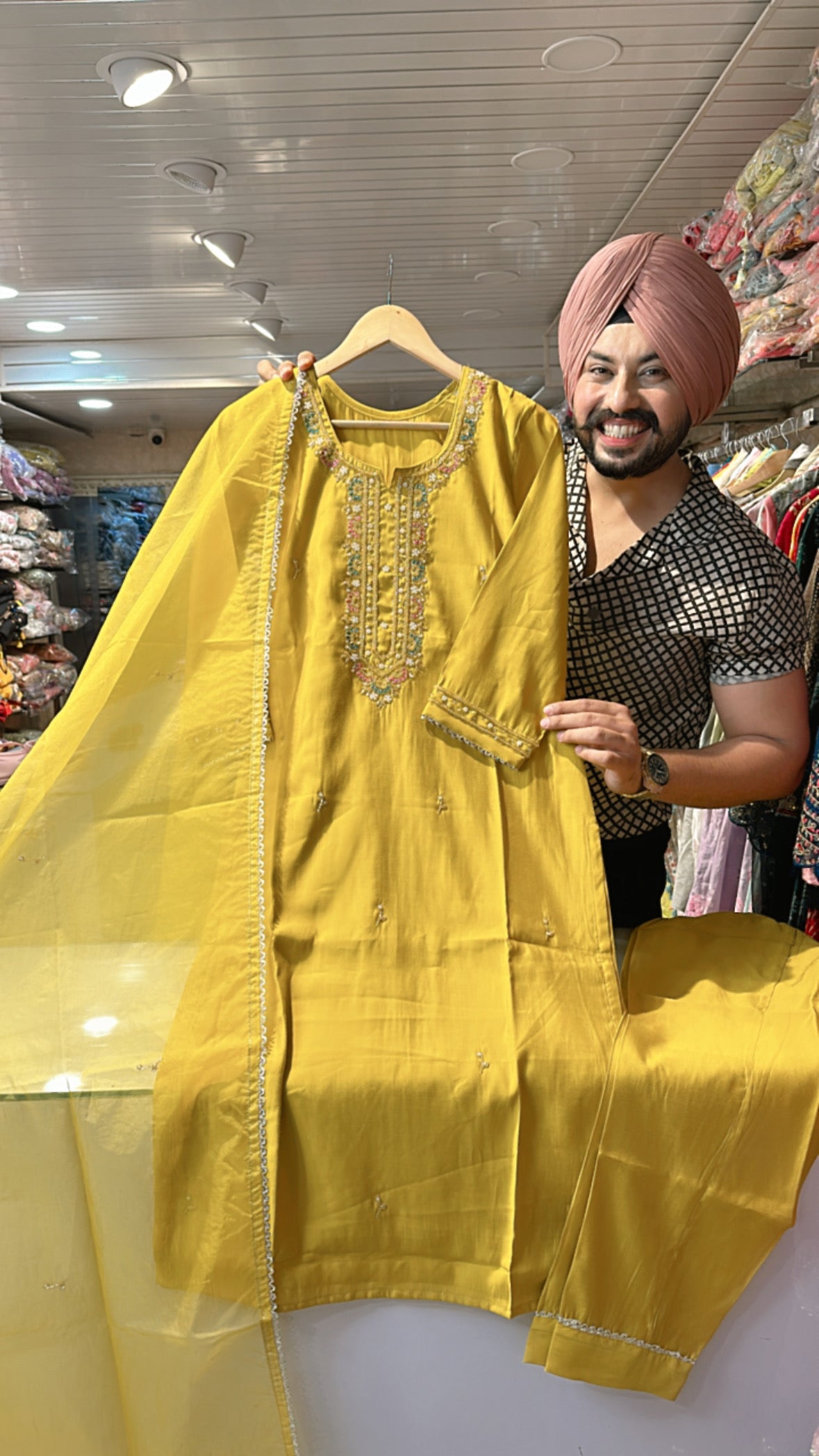 Yellow Roman silk Hand work suit with organza Duppata
