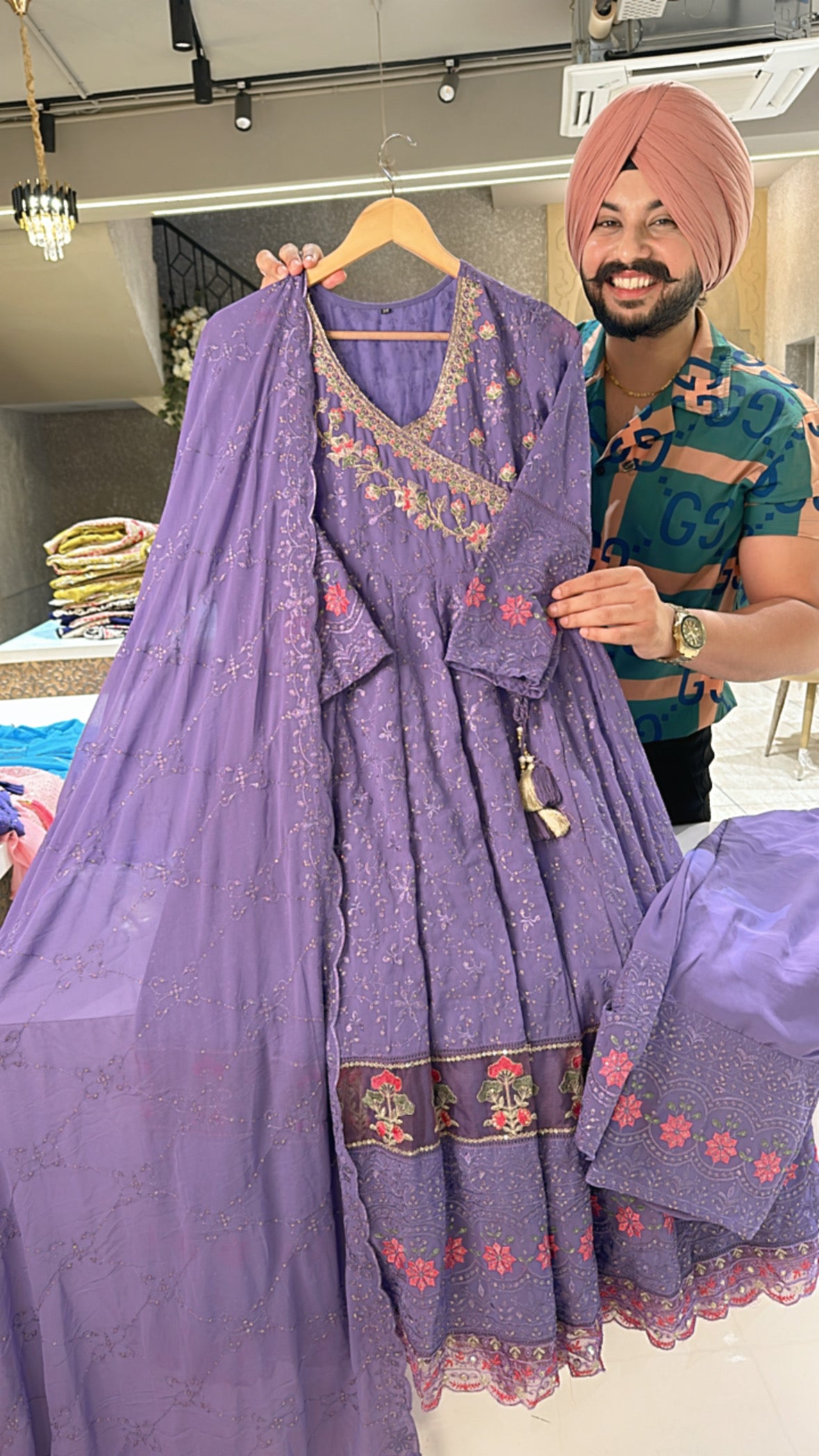 Purple Georgette Fully embroidered Angrakha Anarkali suit with Heavy border, pants & Duppata