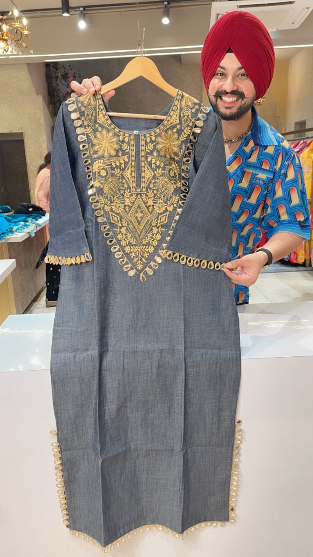 Blueish Grey Soft Denim Long Length Kashmiri Side Slit Dress with Beautiful Embroidery & Mirror work on it
