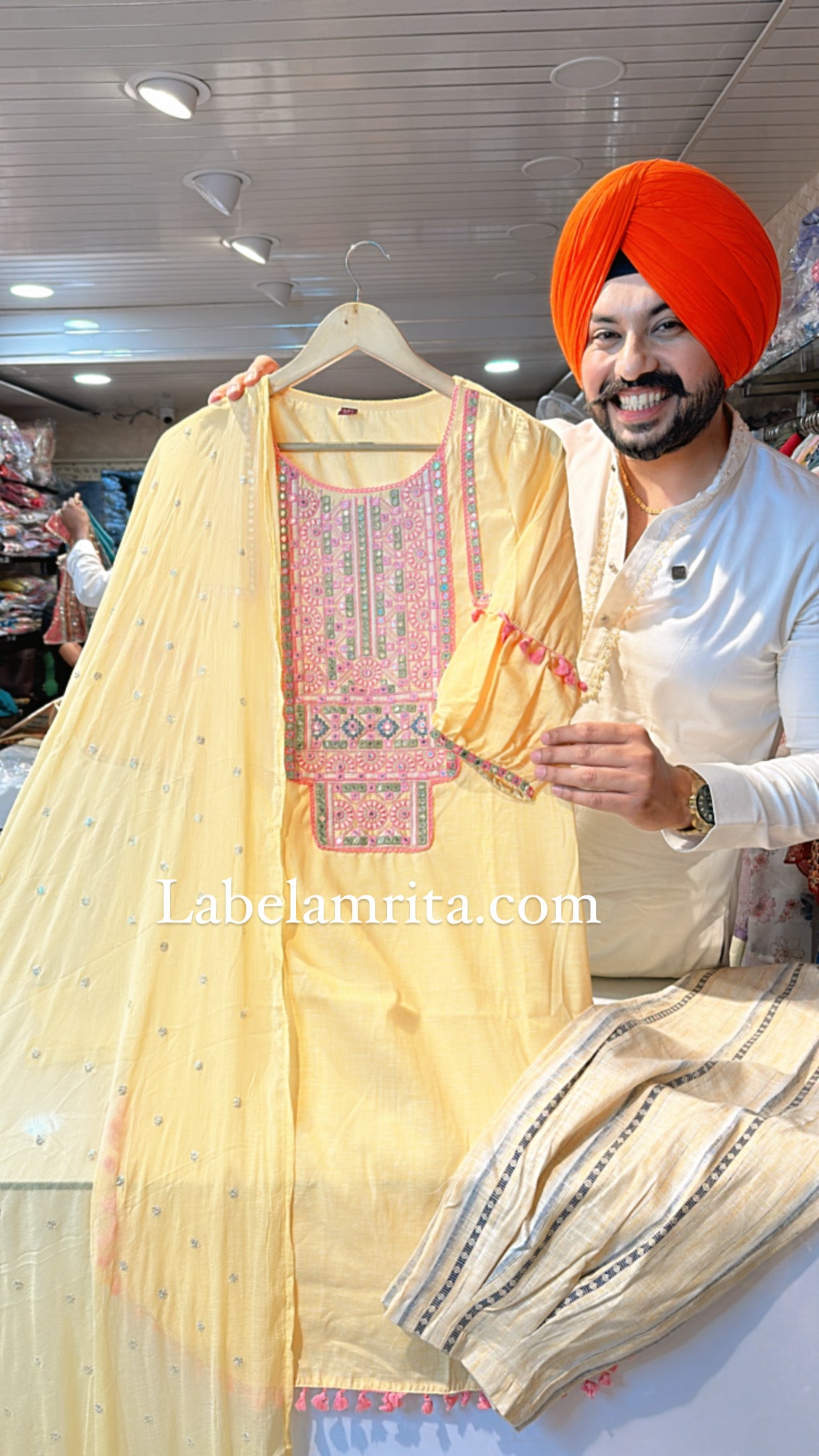 Light Yellow Pure Cotton Apple Cut Suit with Beautiful embroidery on neck