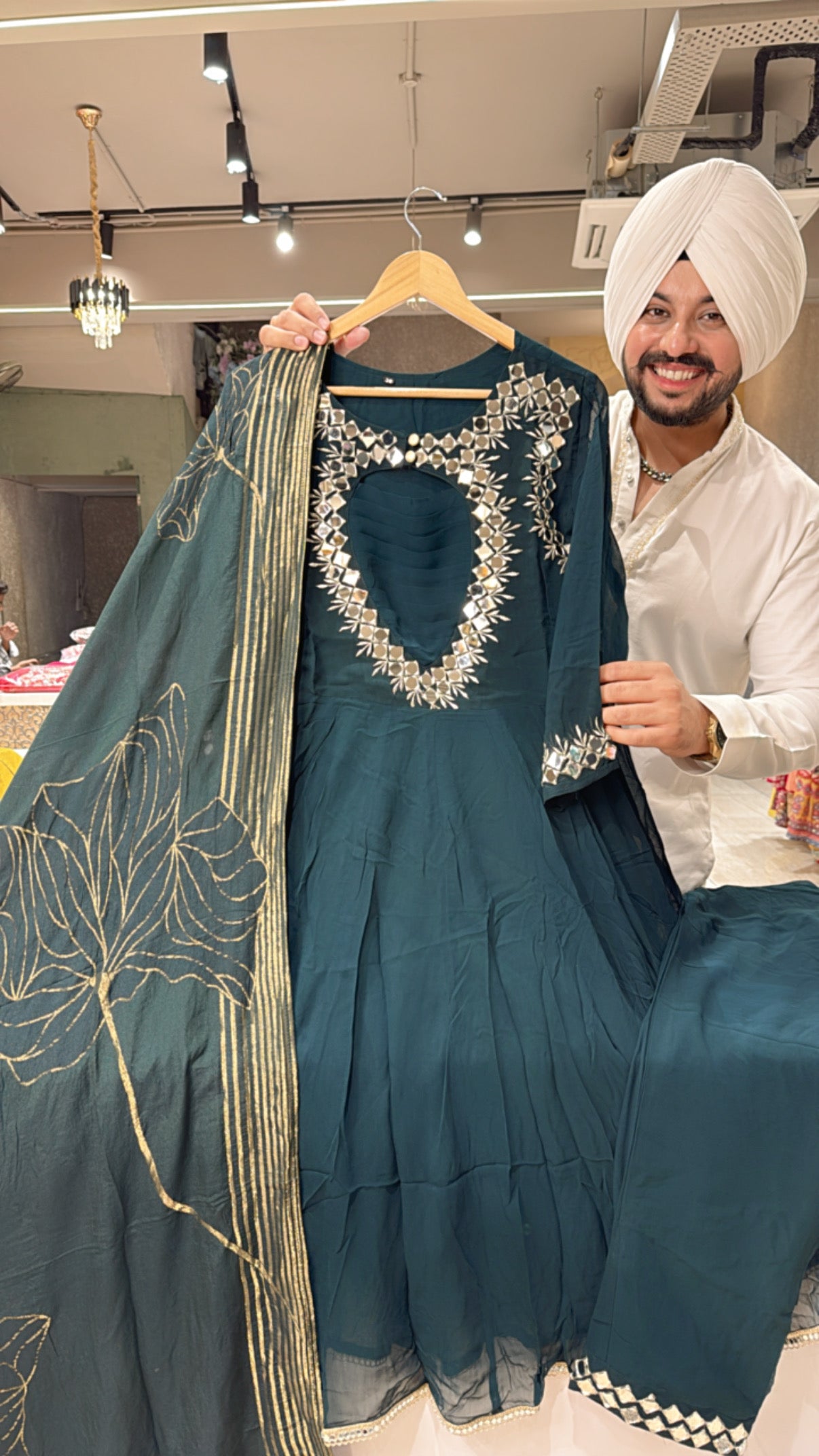 Dark Green Georgette Heavy Mirror work Designer neck Anarkali Suit with Beautiful Banarasi look Duppata