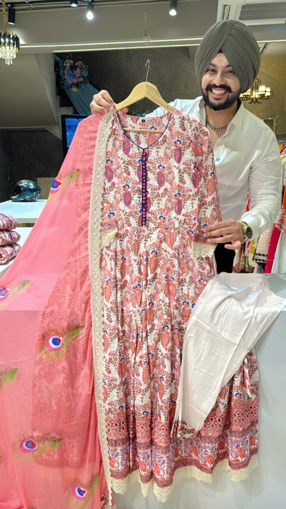 Cream & Gajri Cotton Heavy Self Embroidered Full Flair Anarkali Suit with Hand Embroidery Work on neck & Beautiful hand painted Chiffon Duppata main image 1
