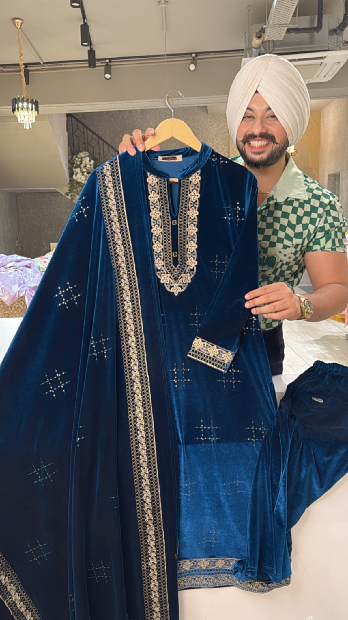 Blue Heavy Velvet Fully Stretchable Heavy Embroidered Straight Suit with beautiful Duppata