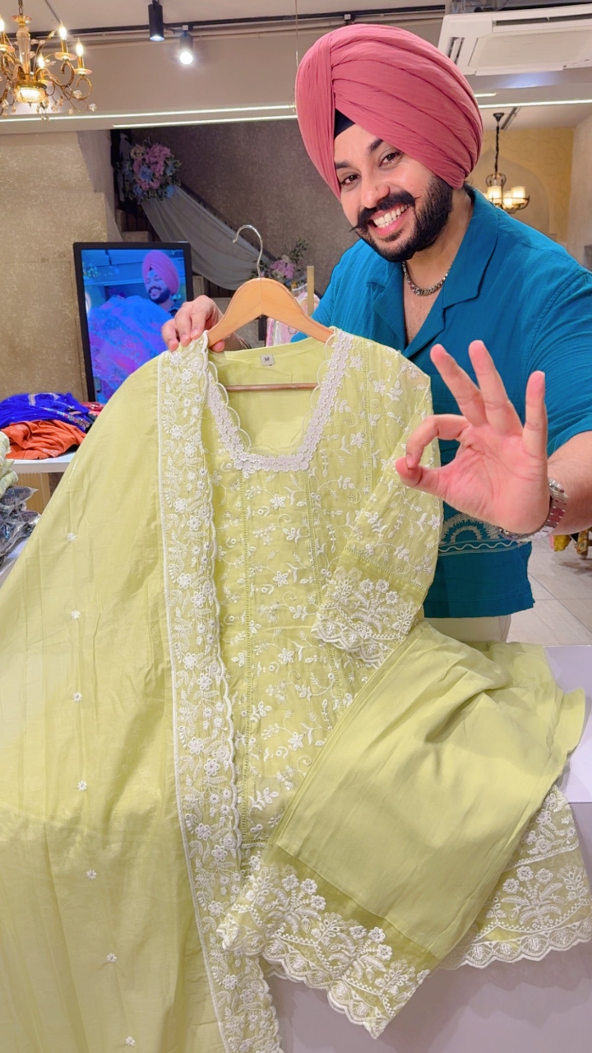 Pastel Green Mal Chanderi Fully embroidered & Sequins work Indo western suit