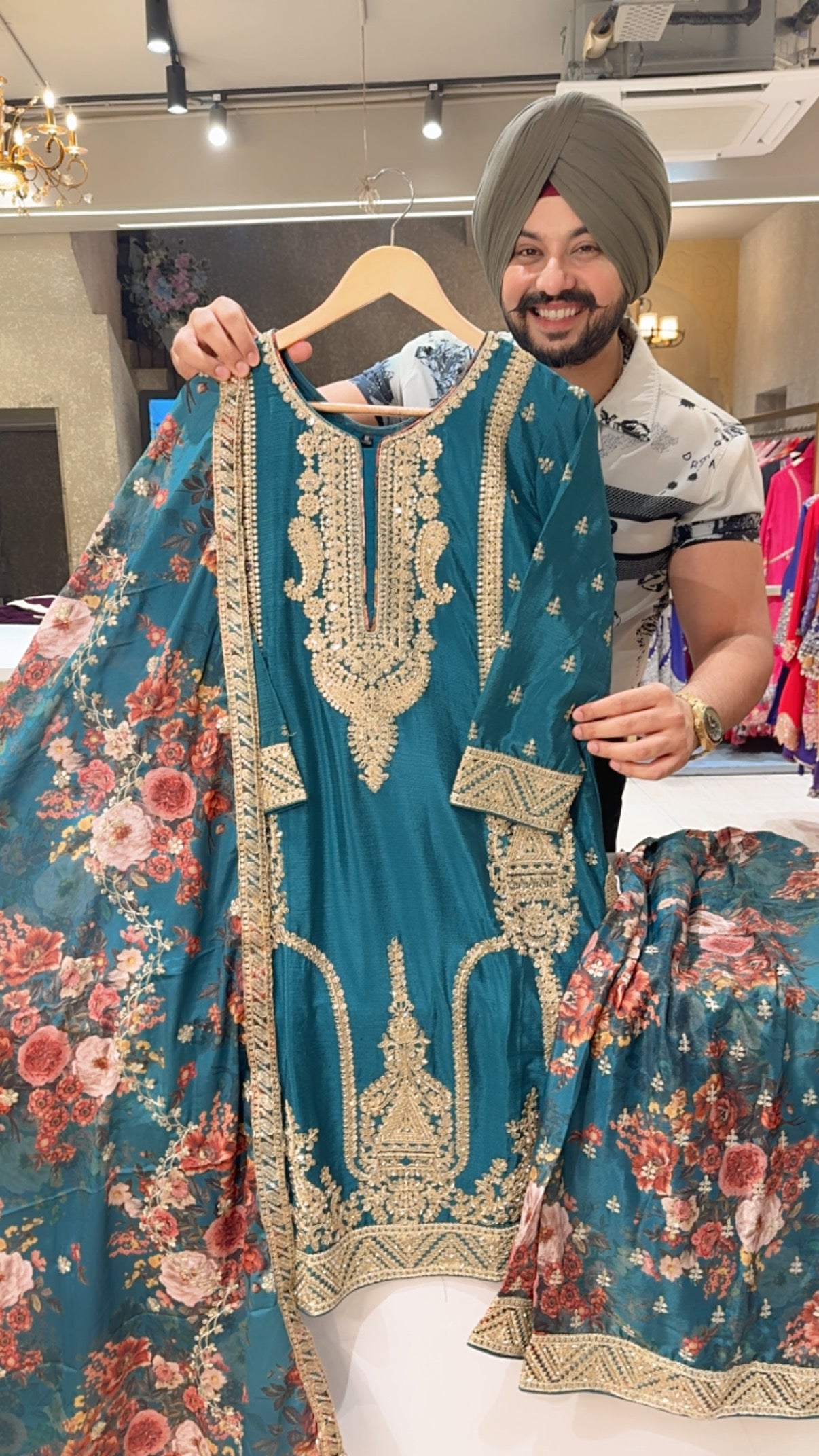 Dark Ramagreen Chinon Heavy Front & Back  Embroidered Full Flair Floral Plazo suit with Beautiful Duppata