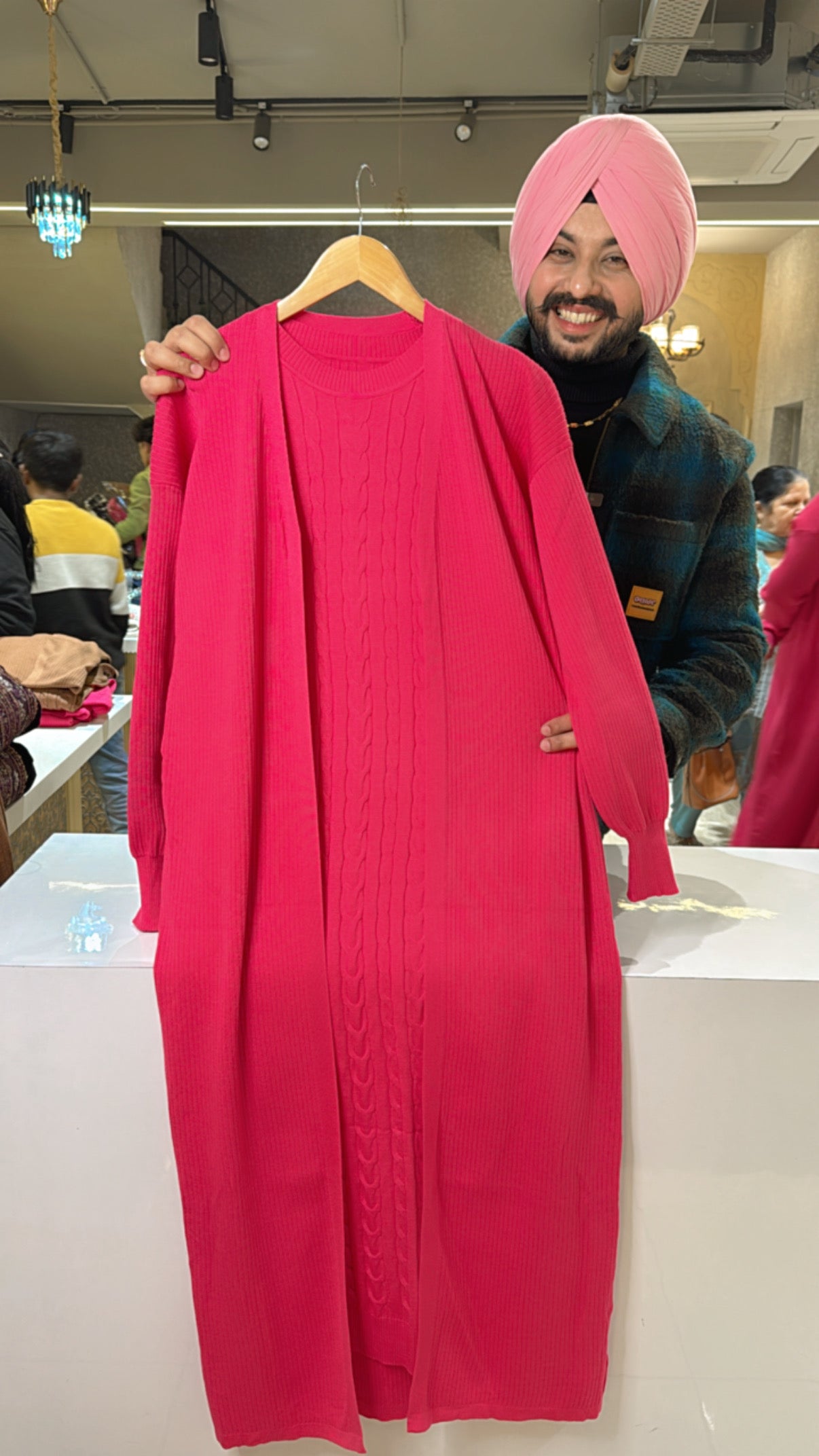 Hot pink Imported Woolen Long length Dress with Stylish Woolen Shrug