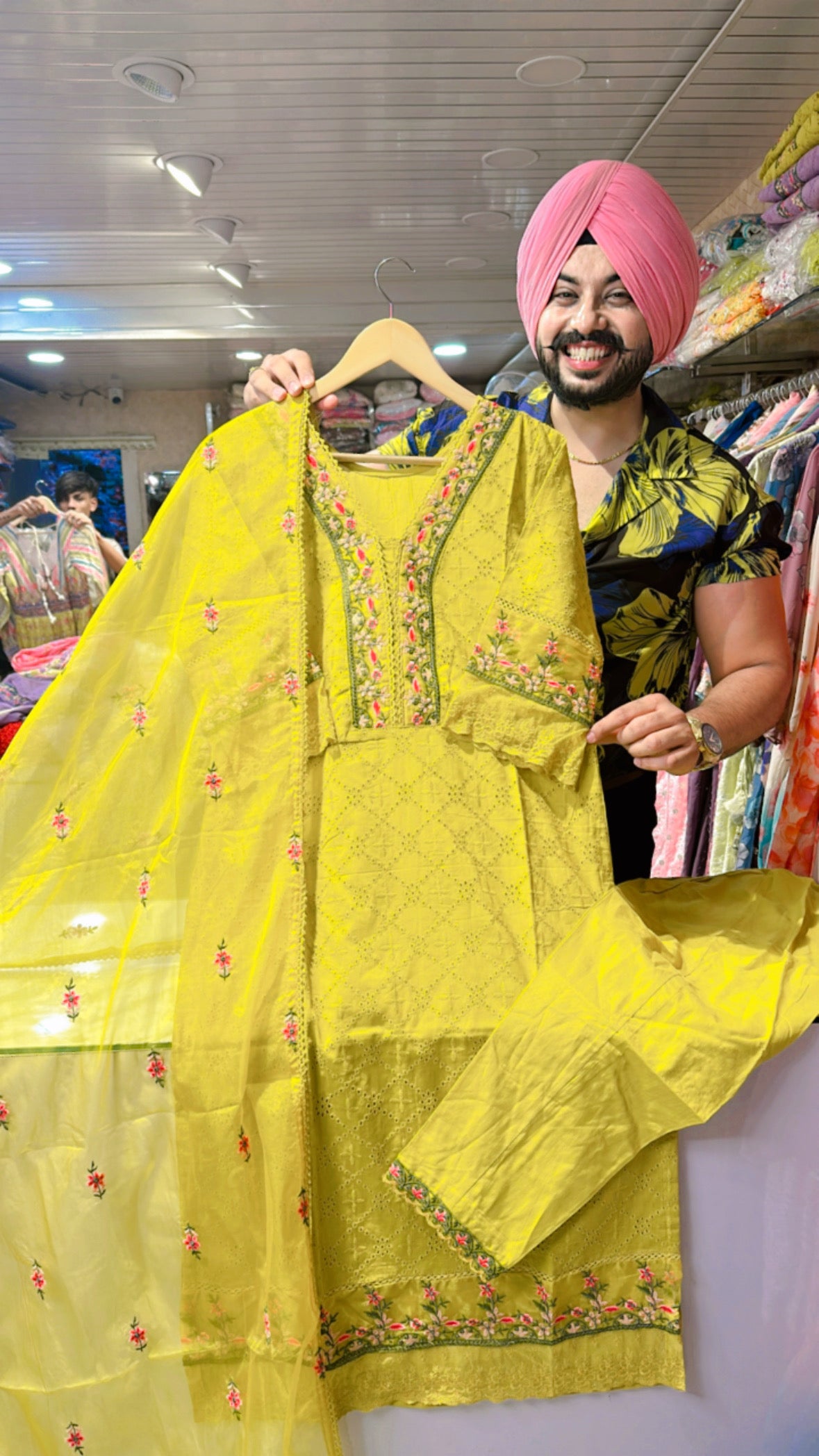 Yellow pure cotton Office Wear Pakistani Suit with embroidered Organza Duppata