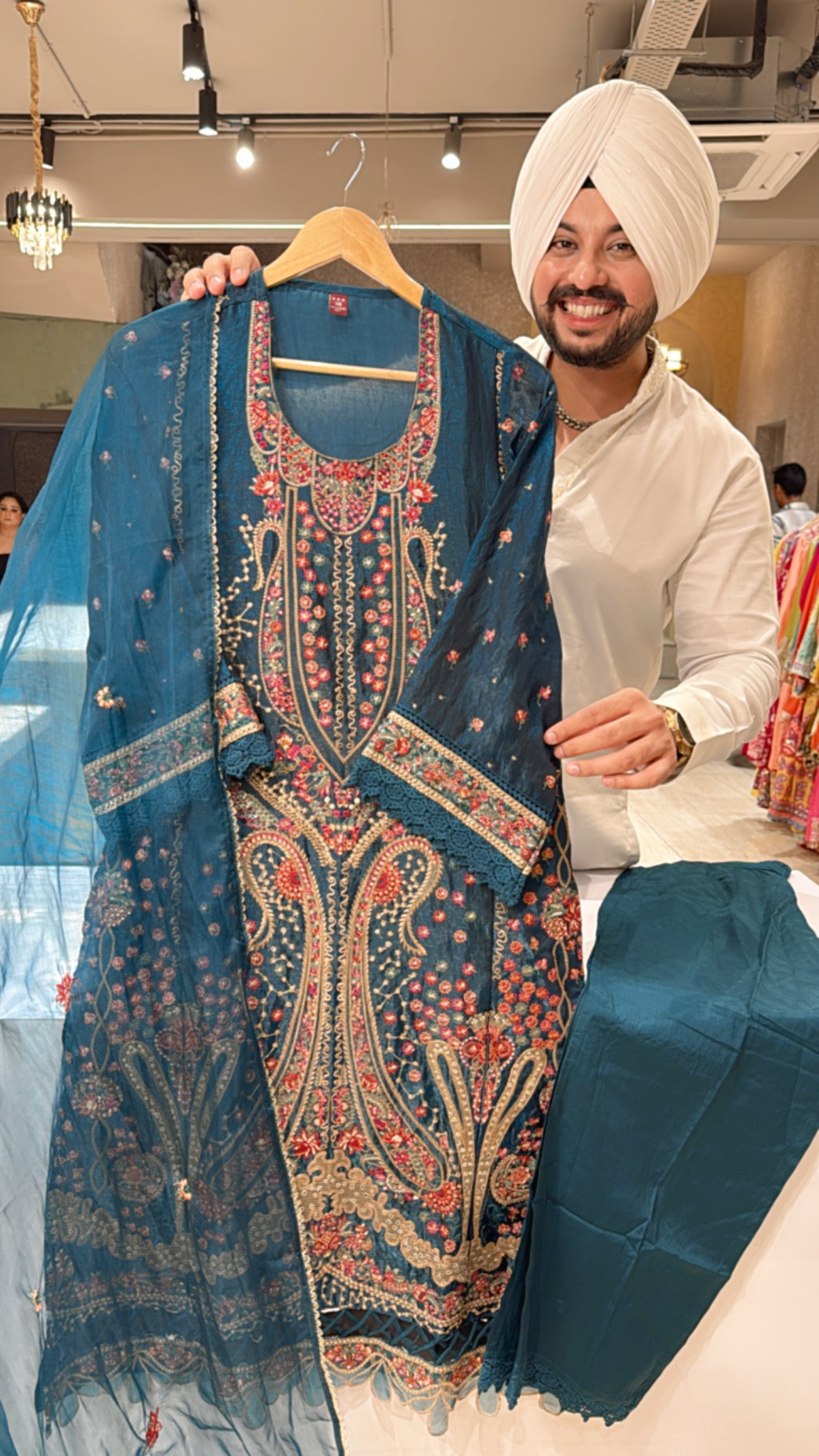 Peacock Shimmer Silk Heavy embroidered Kashmiri Suit with Embroidered Organza Duppata
