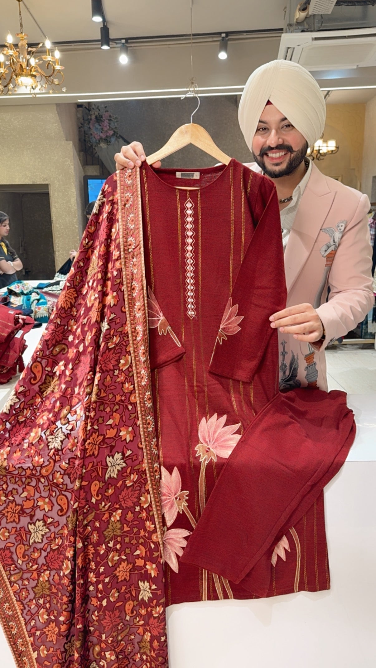 Maroon Premium Woolen floral embroidered Straight Suit with Beautiful Braso Duppata