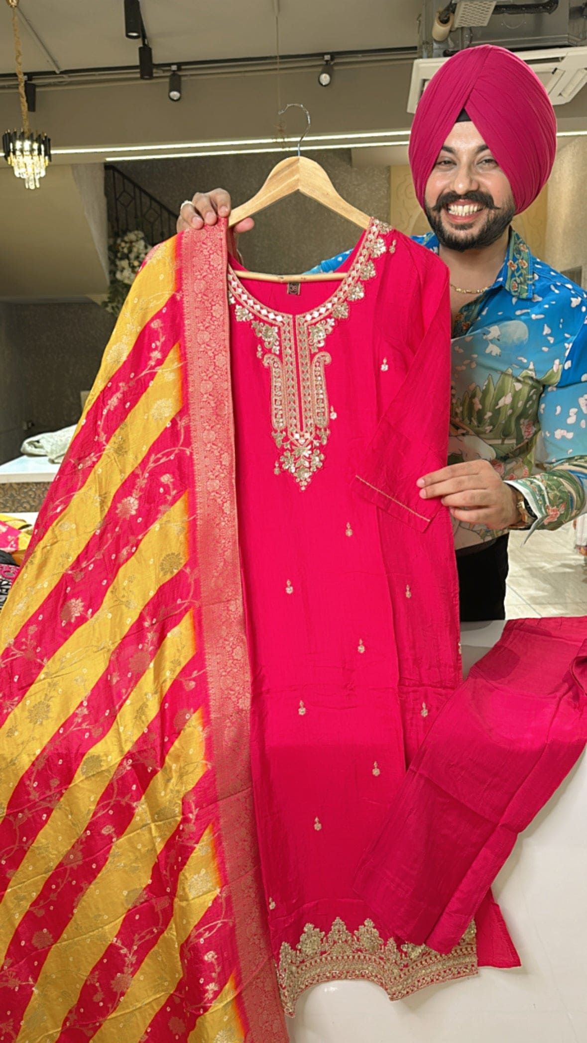 Rani pink Muslin silk embroidered Straight Suit with Banarasi Lehriya Duppata