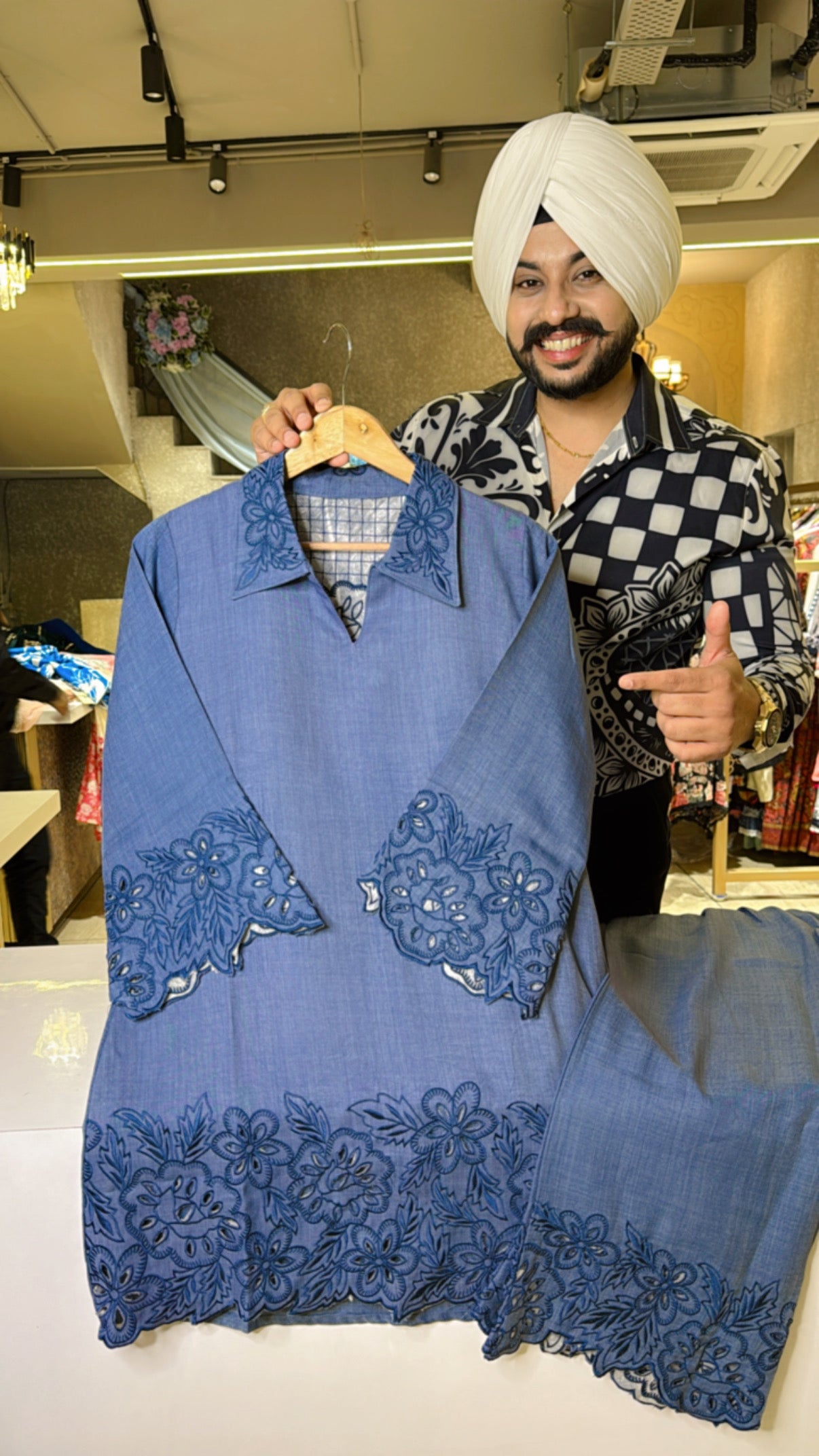 Denim Blue Collar Neck Coord set with Beautiful Embroidery & Cut work in Imported fabric