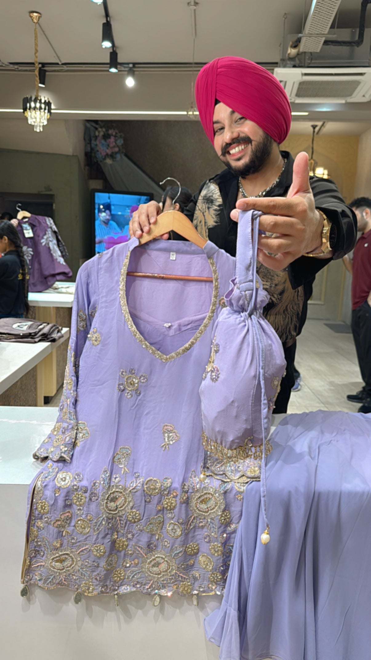 Lavender Georgette Heavy Hand Embroidered Azaaro Set with Embroidered Bustier & Potli