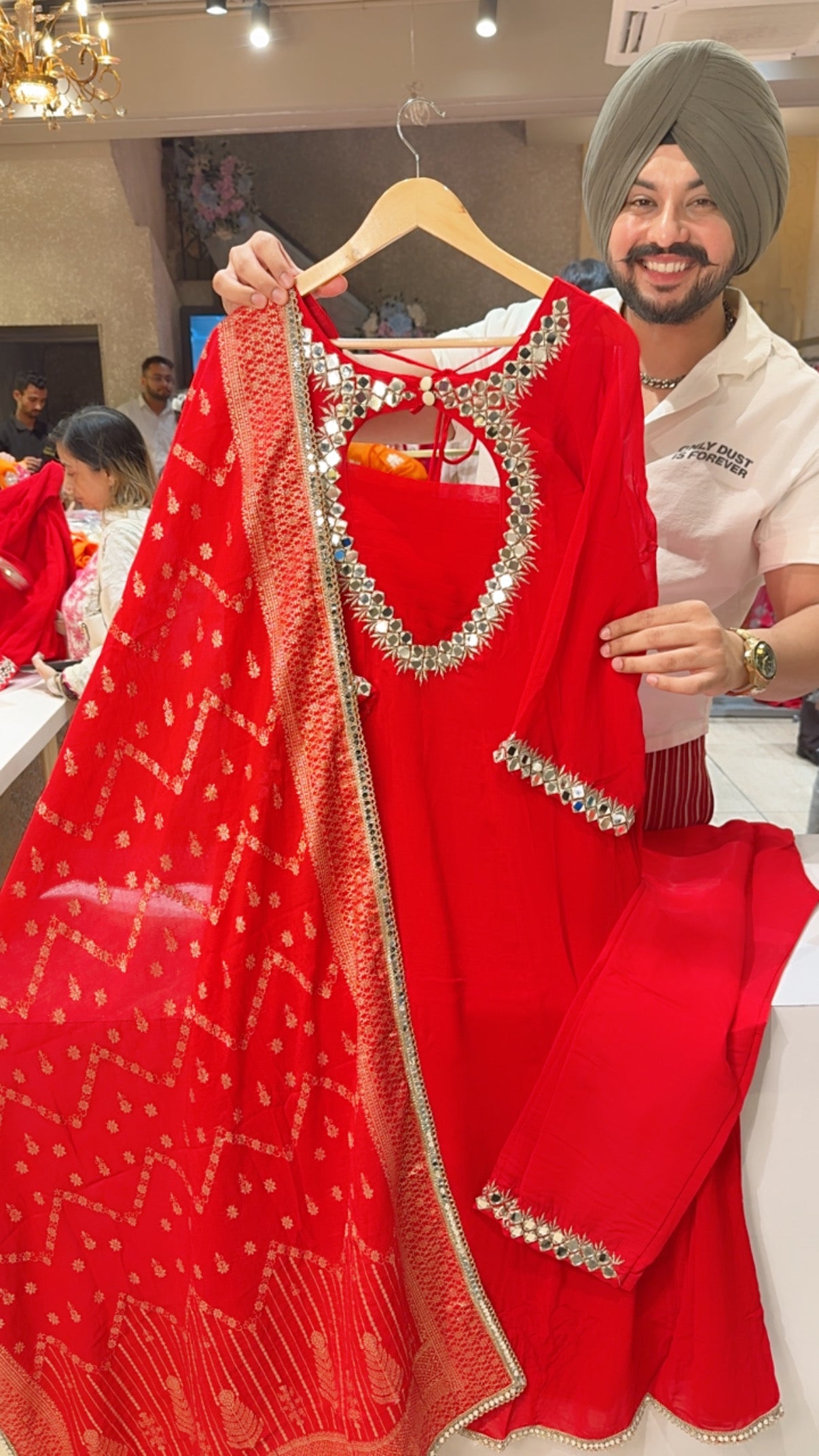 Vibrant Red Georgette Backless Anarkali Suit with Mirror Work on Designer neck & Banarasi look Duppata