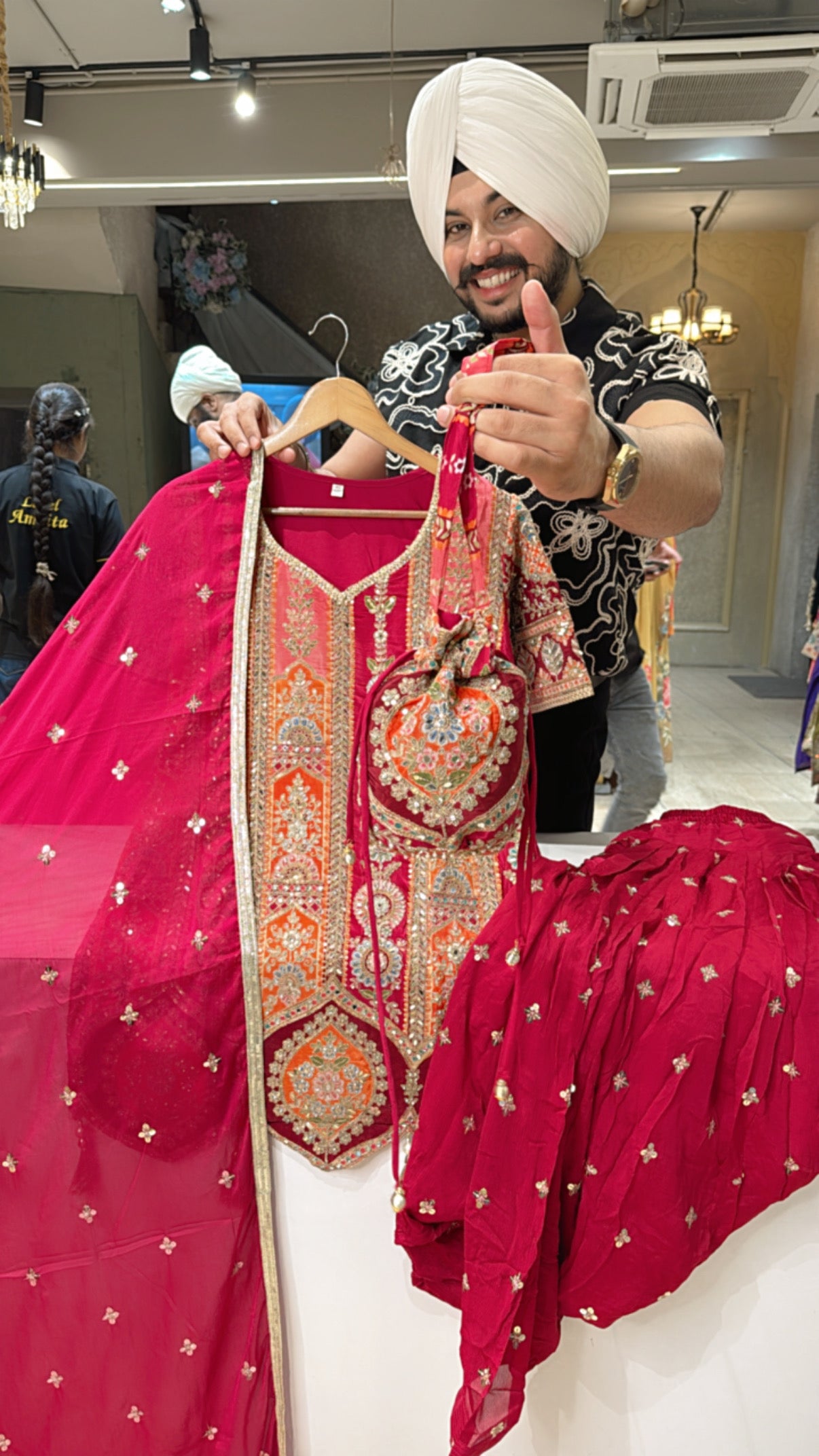 Majenta Heavy Hand Embroidered Crepe Designer Salwar Suit with Beautiful Duppata & Potli