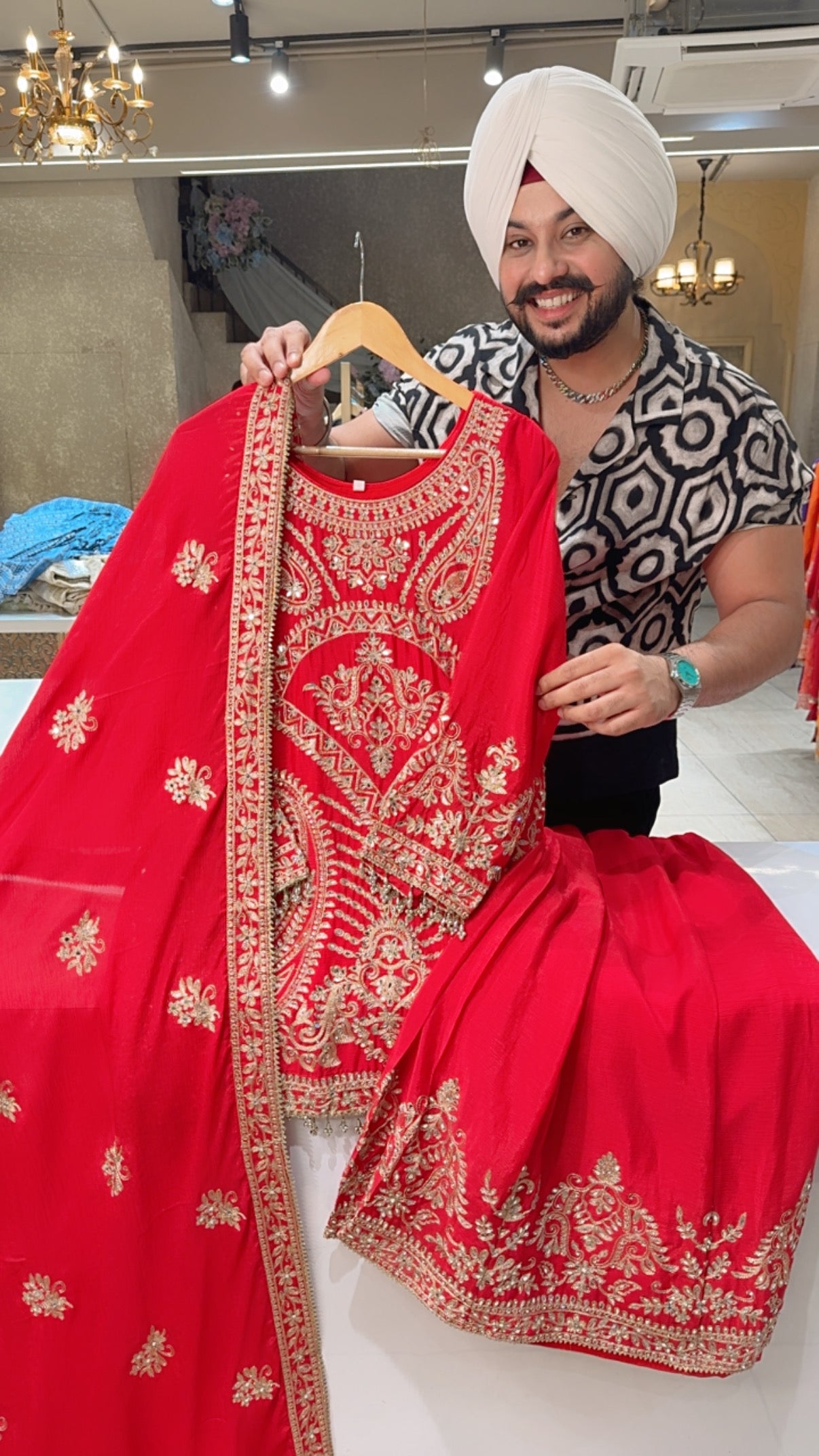 Gajri Red Chinon Heavy Front & Back Embroidered Full Flair Sharara Suit