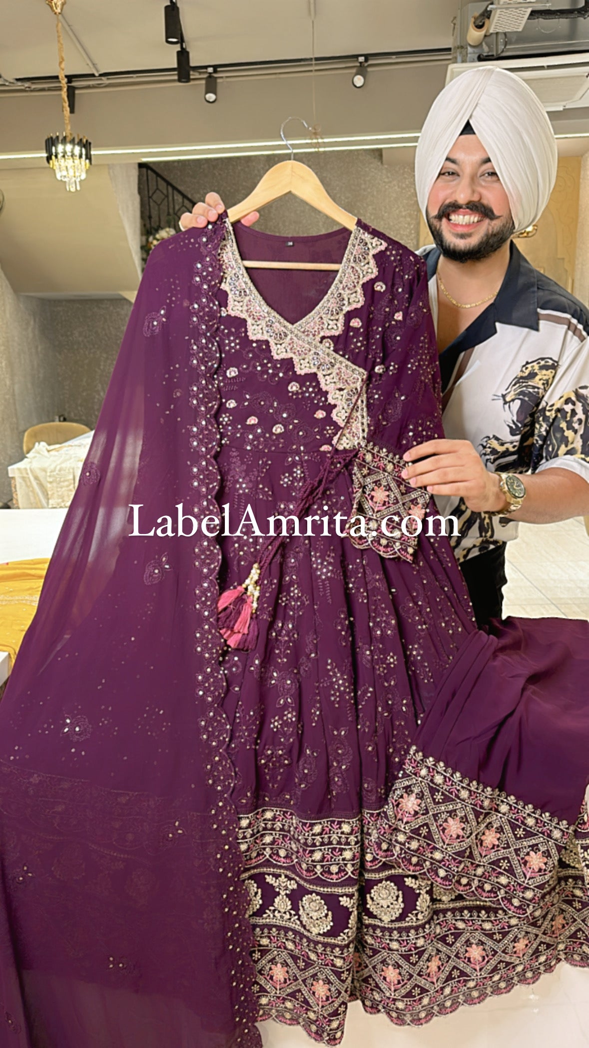 Wine Georgette Angrakha Fully Embroidered Anarkali Suit with with Heavy Embroidery work on neck , border & pants