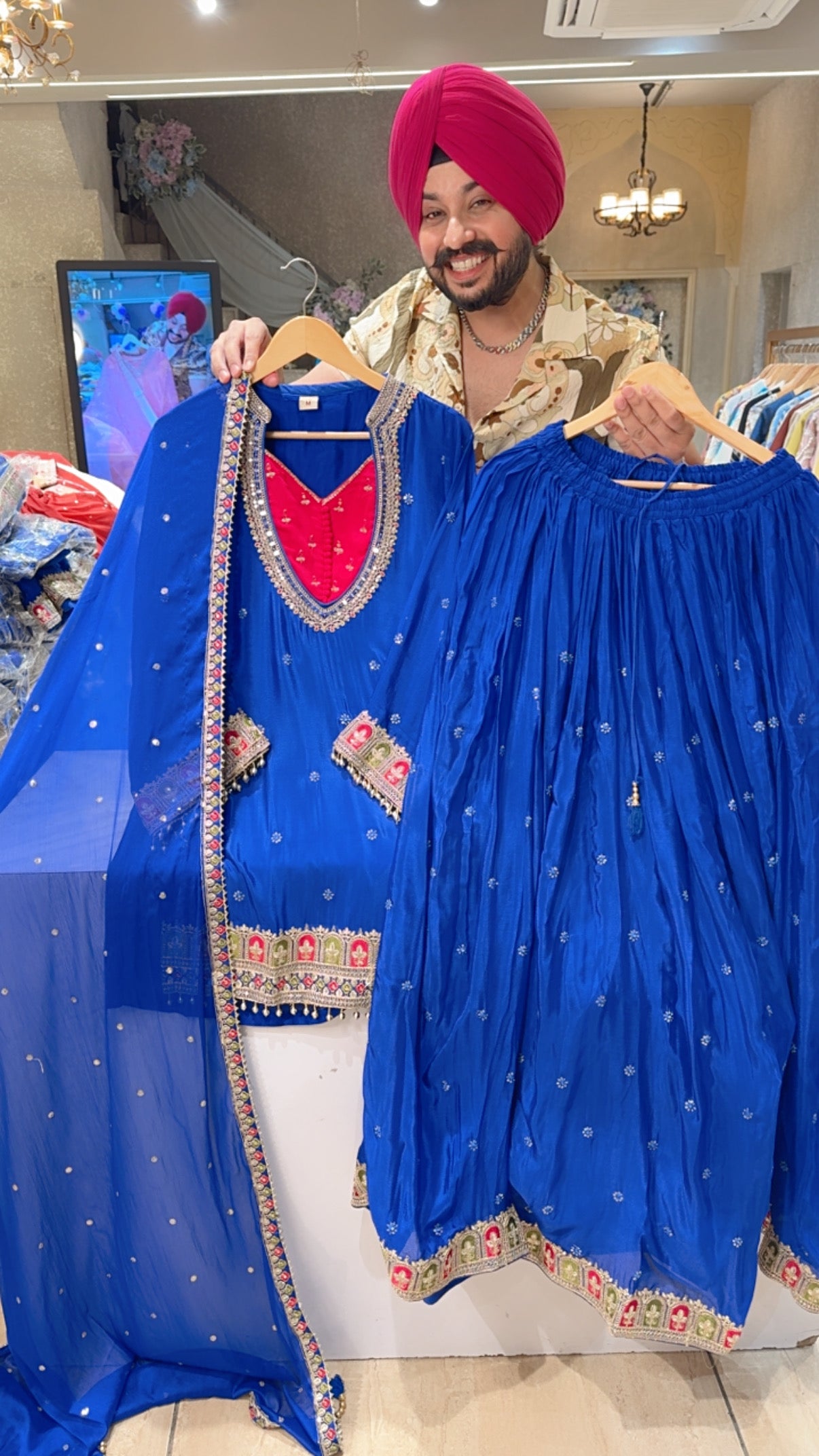Royal Blue chinon Heavy Embroidered Full Flair Party Wear Skirt set