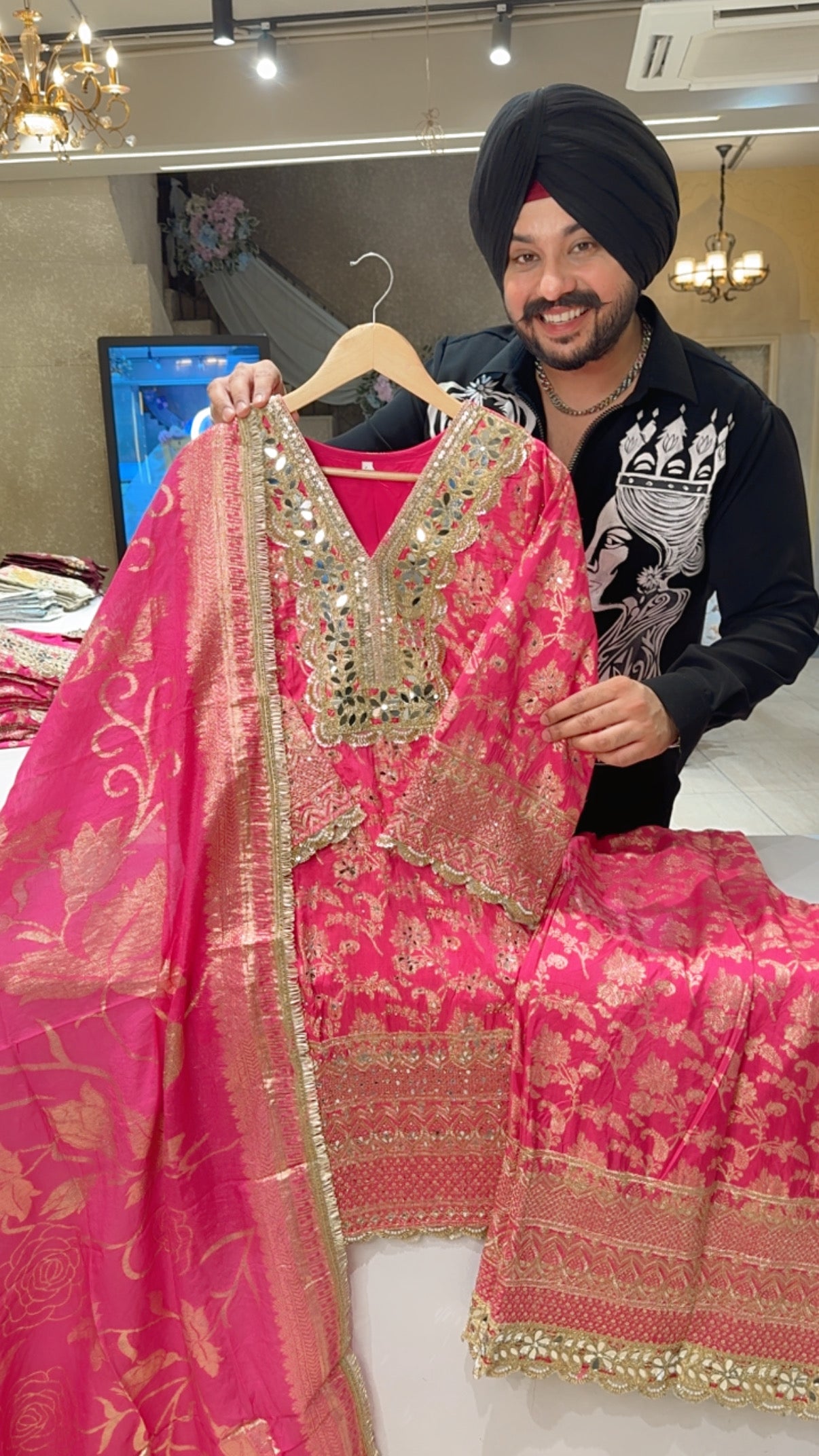 Hot pink Brocade Silk Heavy Hand embroidered & Mirror pasting Bell Bottom Sahara suit with Beautiful Duppata