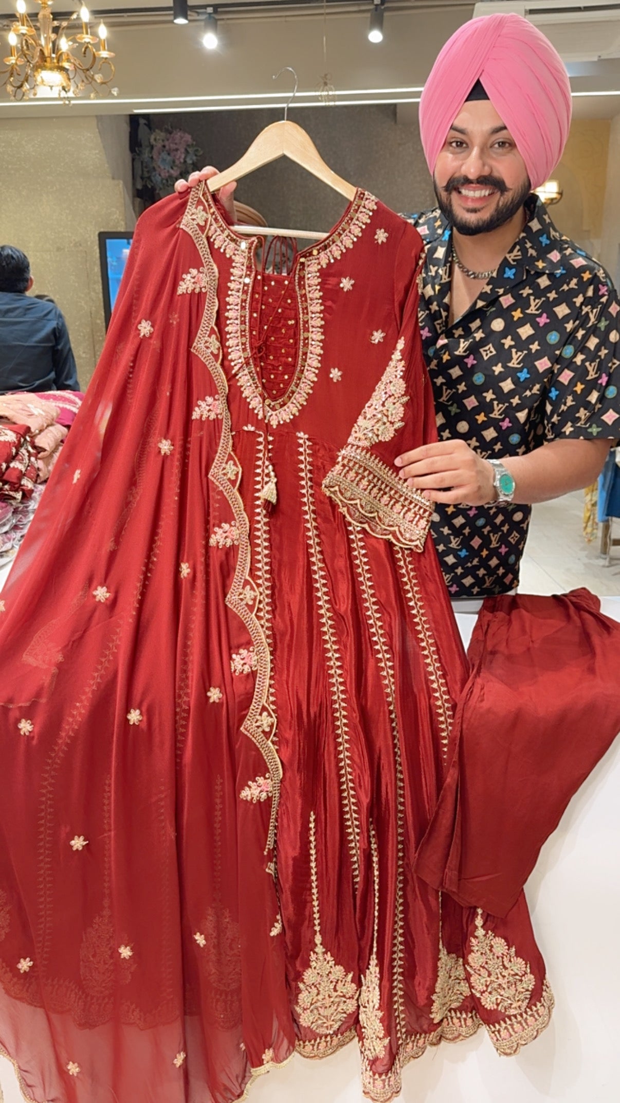 Deep Rust Premium Chinon Full Embroidered Anarkali Suit with Designer Neck & Back