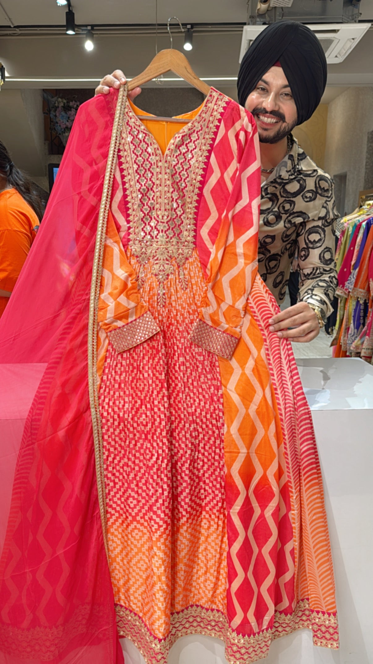 Gajri Pink & Royal blue Chinon Front Gathering Anarkali Gown with Beautiful Embroidery work on neck