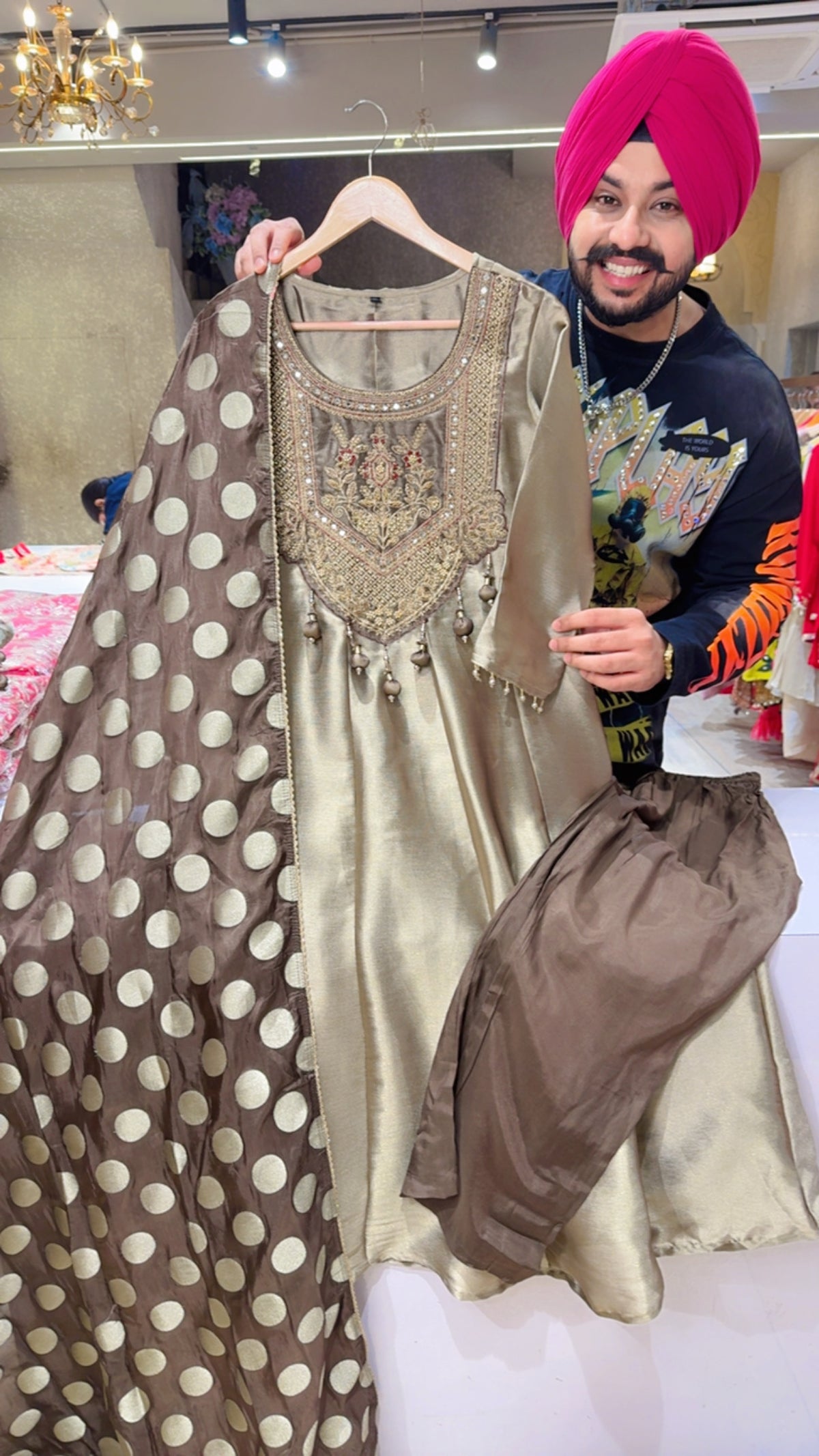 Antique Gold & Coffee Premium Giraff Silk Hand embroidered Anarkali Suit with Polka dots Silk Duppata
