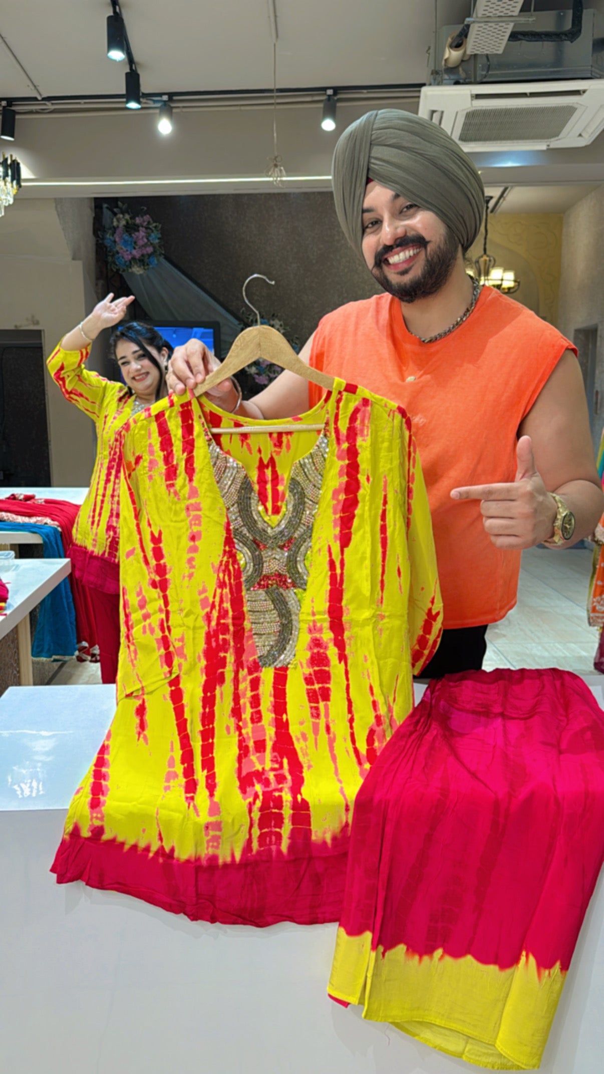 Fluorescent & Rani crepe Hand Embroidered Tie & Dye Hand embroidered Partywear Coord set