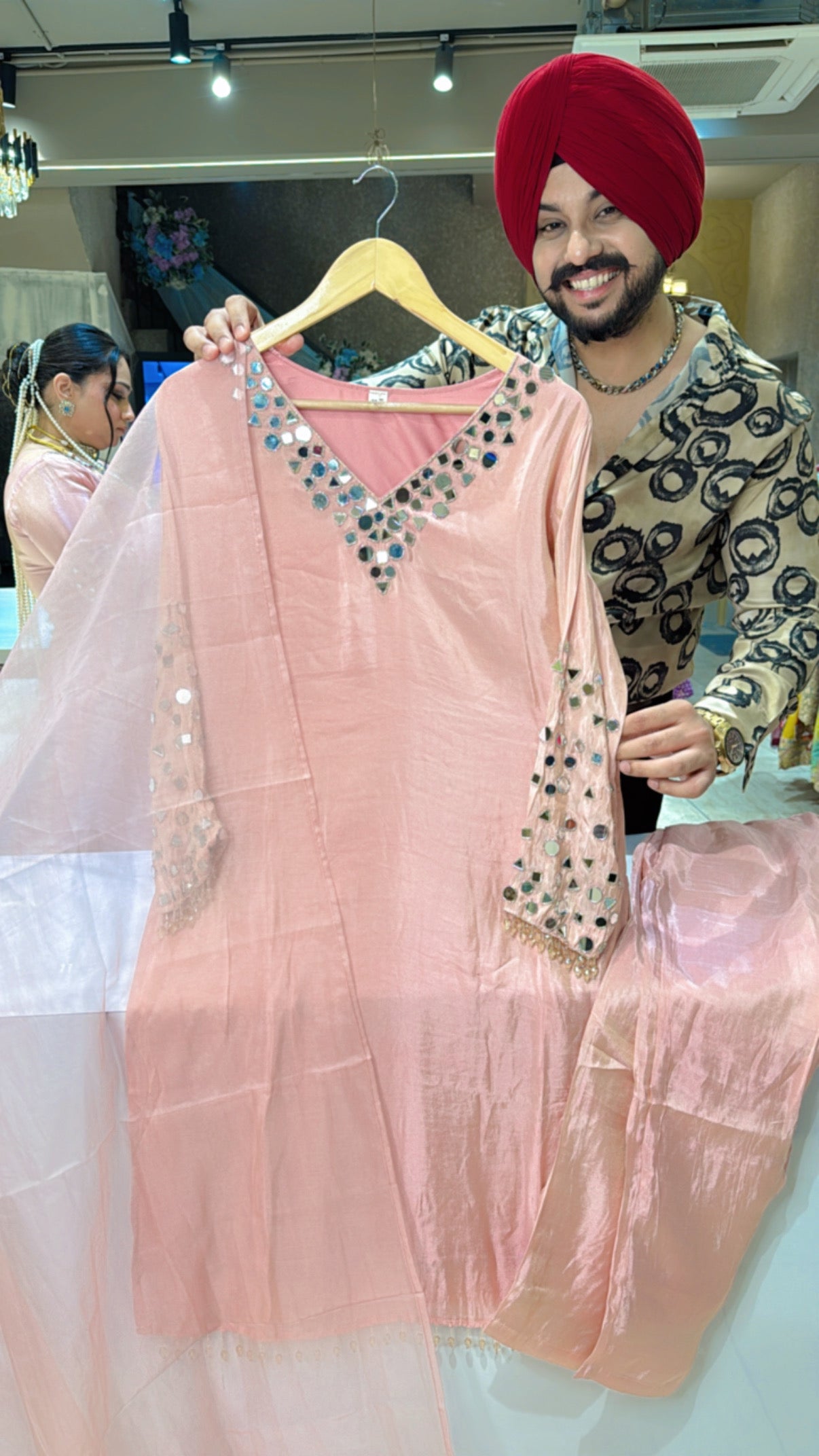 Pastel Pink Shimmer Silk Party wear Straight Suit with Heavy Mirror Work on Neck & Sleeves