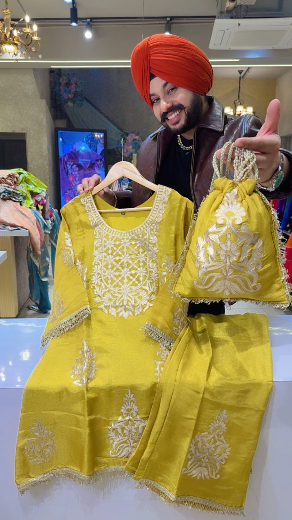 Yellow Shimmer Silk Gotta Embroidered kashmiri Coord set with Cute Potli