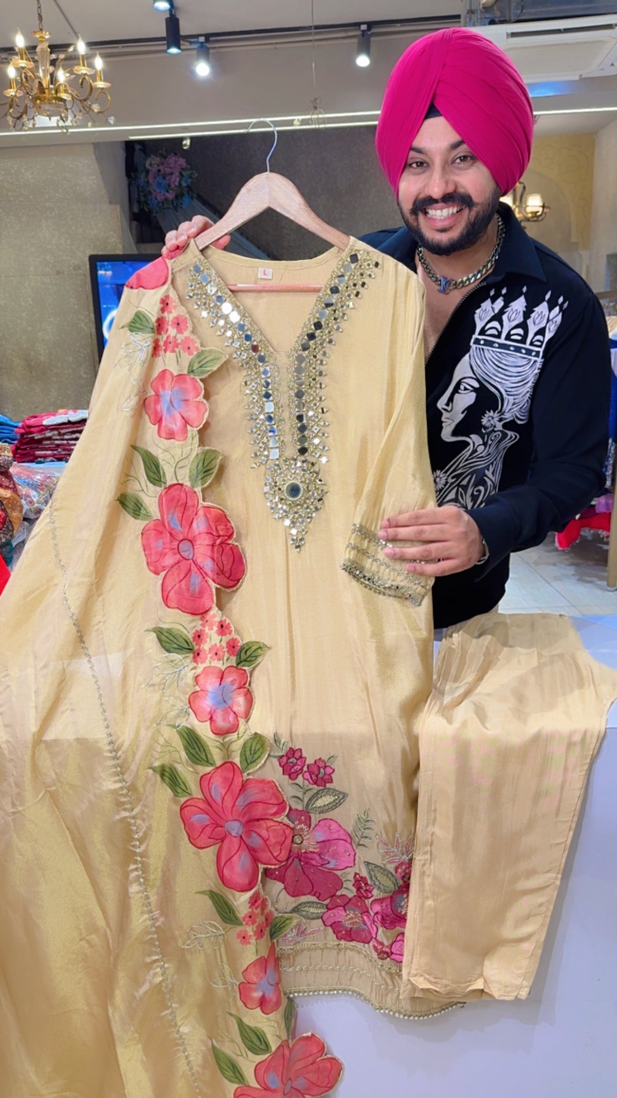 Goldenish Beige Shimmer silk Mirror & Floral Embroidered Straight suit with beautiful Hand painted Duppata