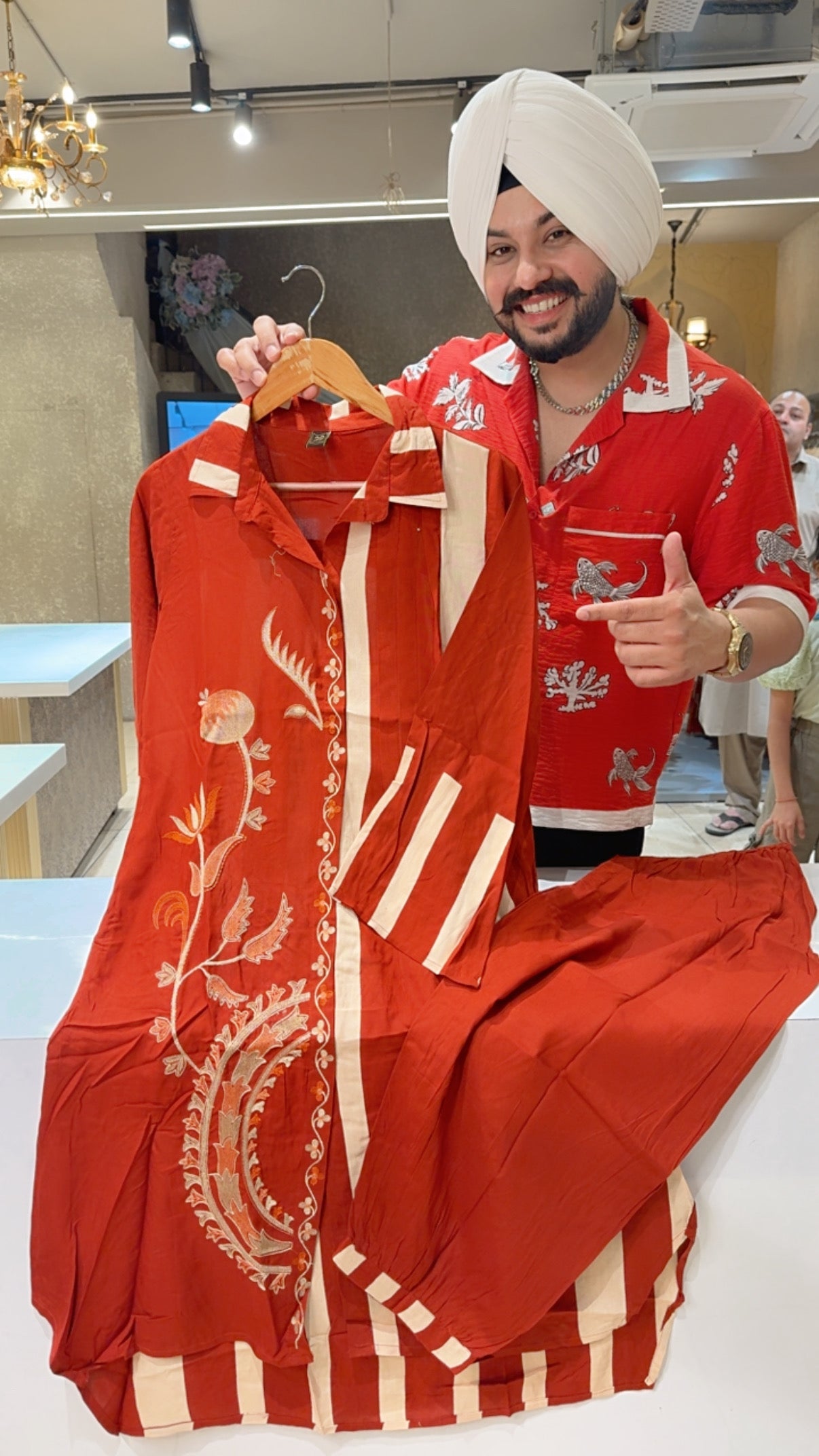 Rust Rayon Collar Neck Embroidered Long Length Coord set with Stylish pathani Pants