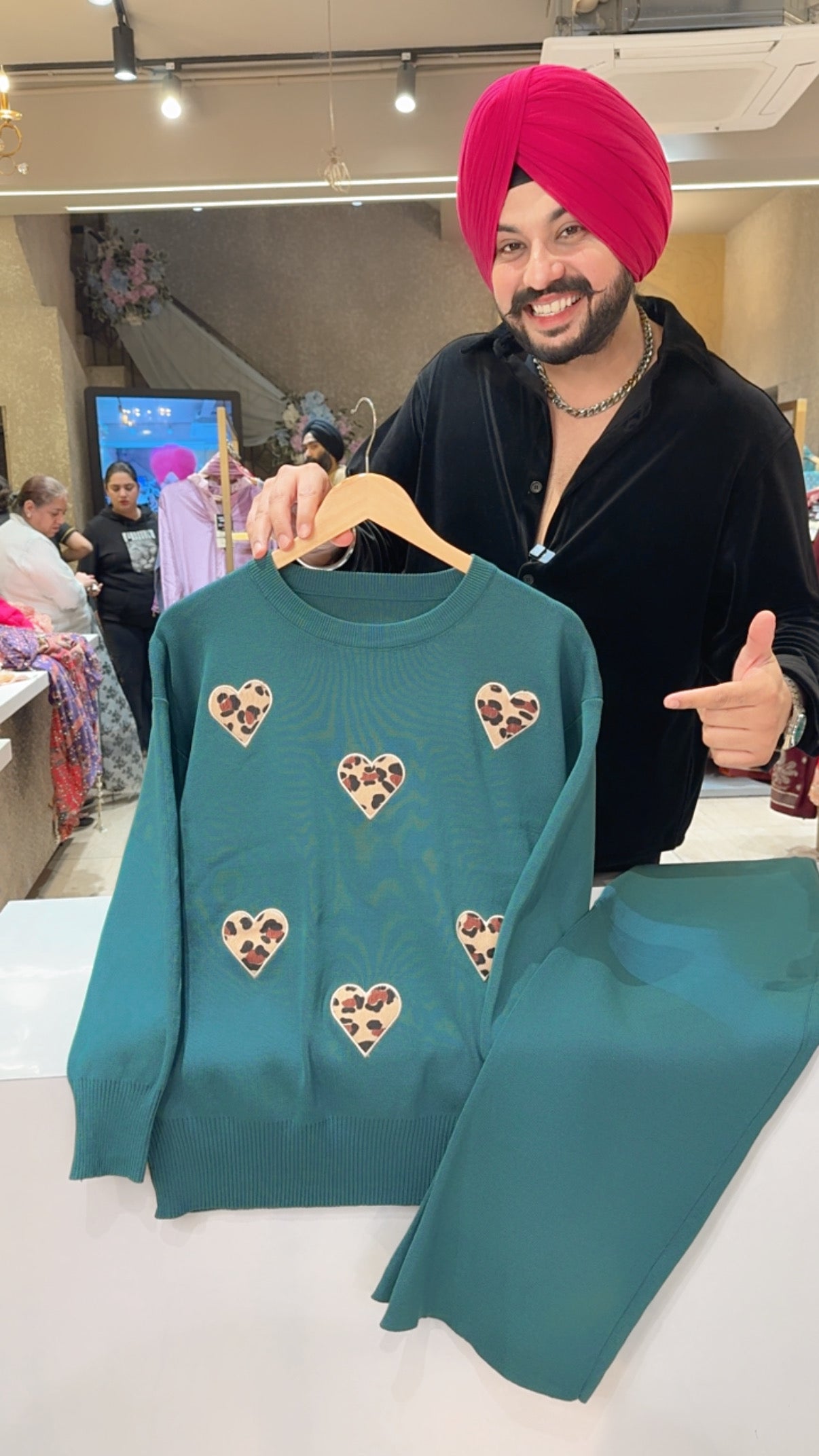 Rama green Imported Woolen Fully Stretchable Western Coord set with Heart Patchwork on it