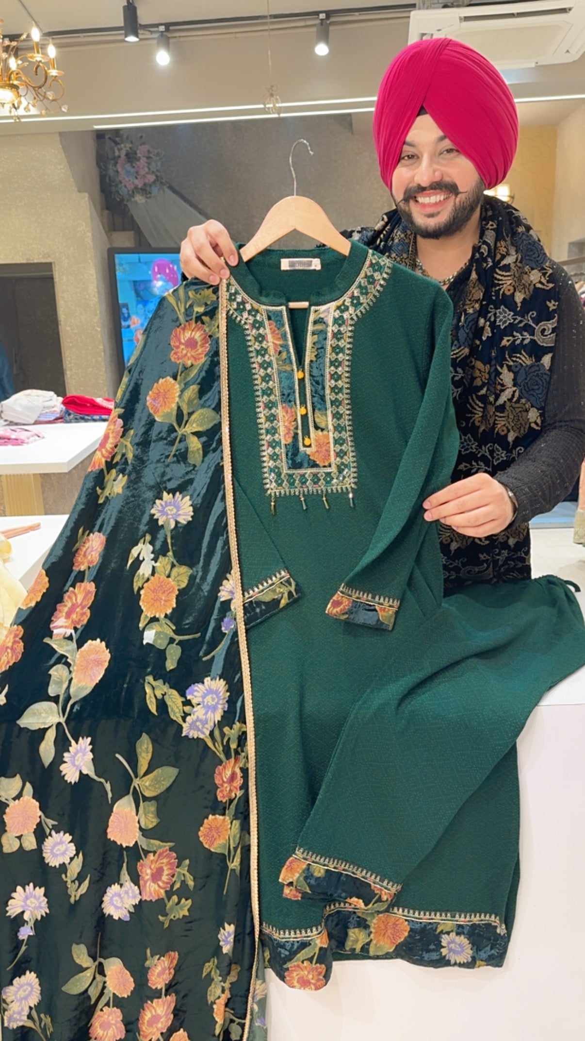 Green Premium Woolen Embroidered Straight Suit with Floral print Velvet Braso Duppata