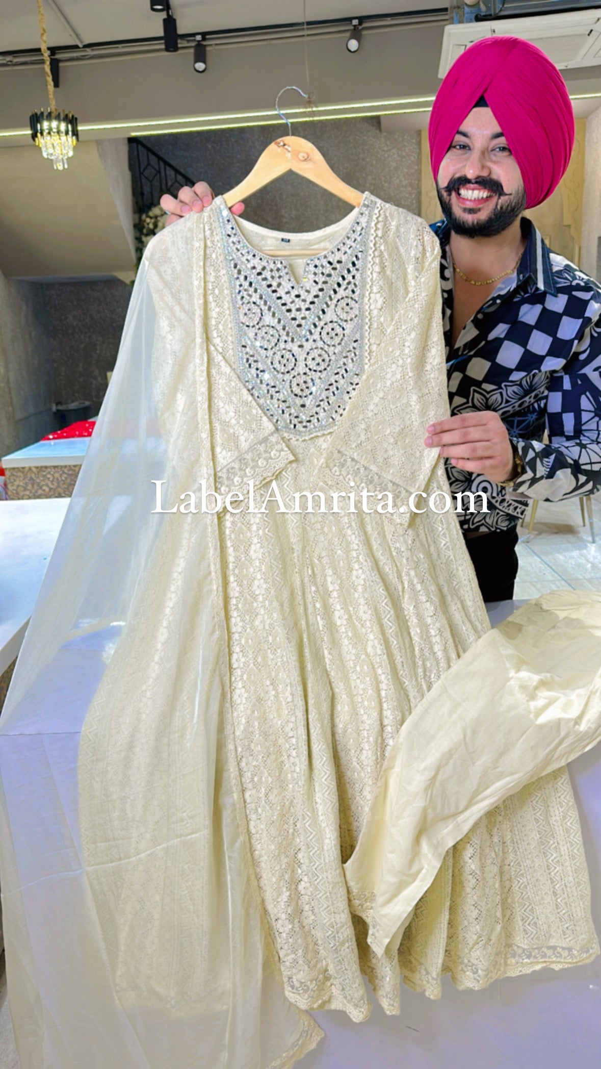 Off white Crochet lace Mirror work Anarkali Suit with organza Duppata