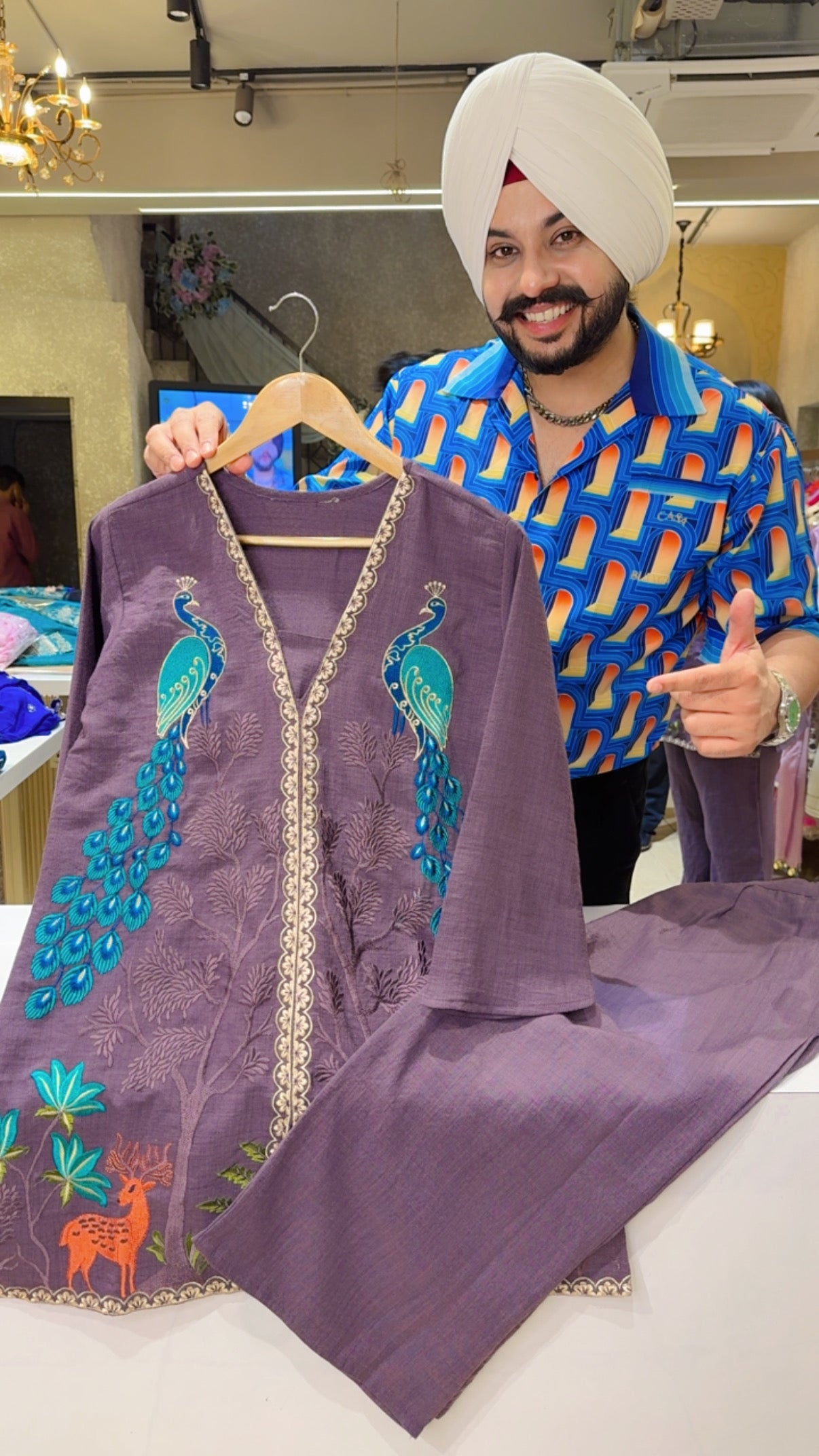 Mauve Soft Linen Peacock Embroidered Party Wear Coord set