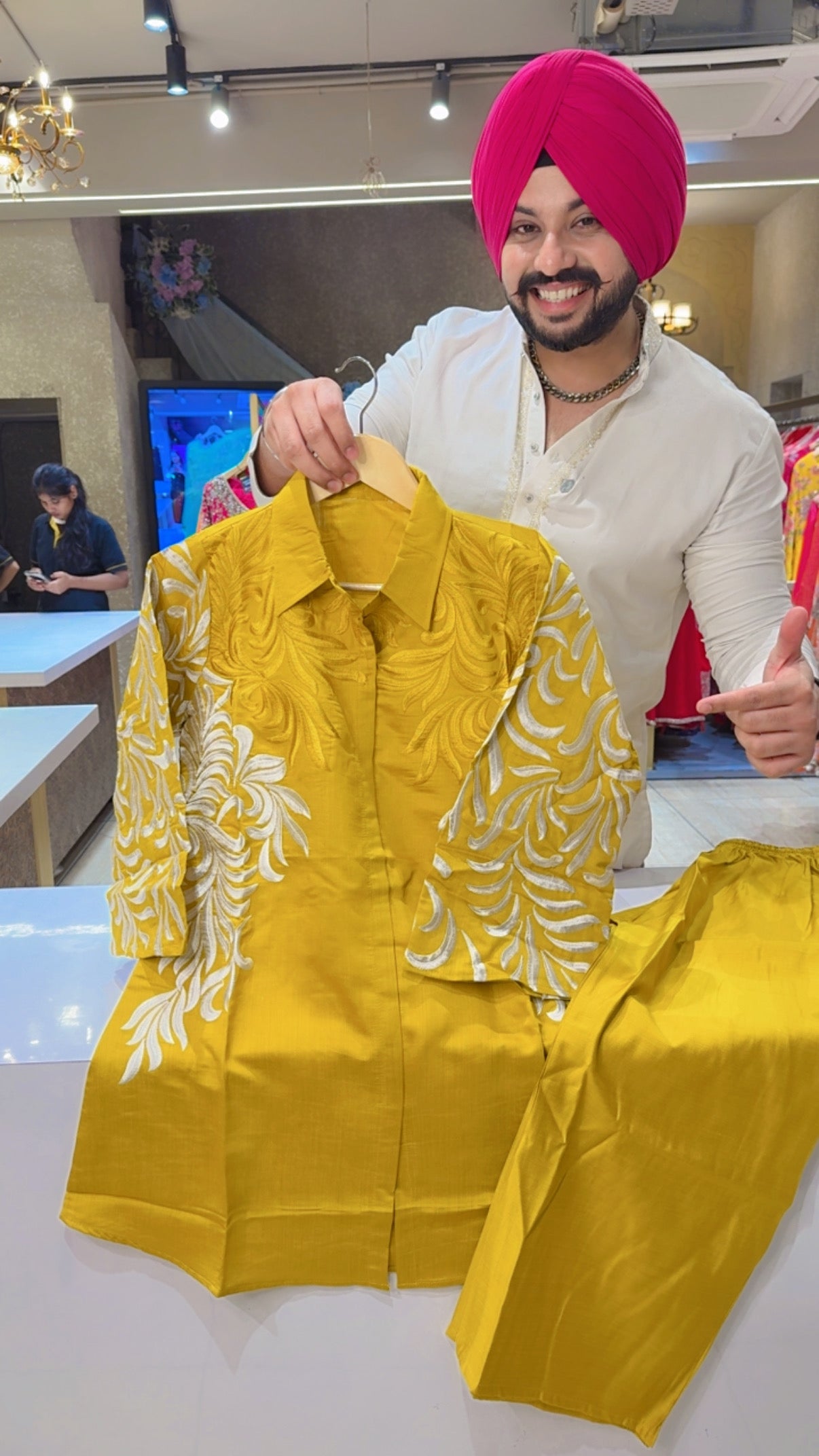 Mustard Yellow Imported Silk Collar Neck Coord set with Beautiful Embroidery Work on It