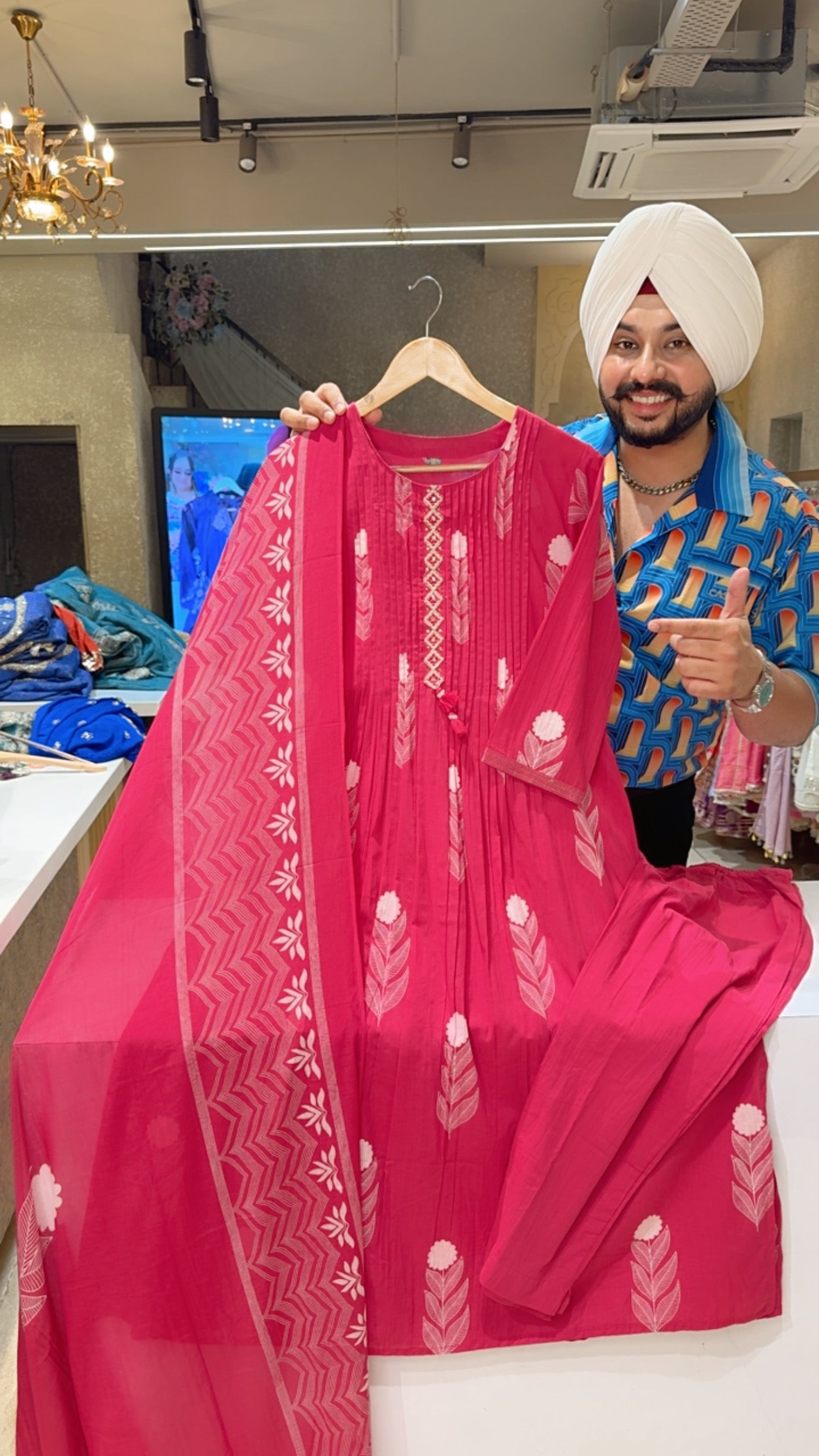 Hot Pink Soft Cotton Long Length Indowestern suit with Sleek Embroidery Work on neck