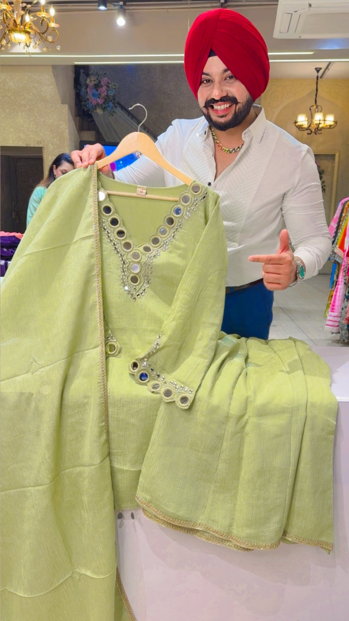 Pista Green Shimmer Silk Tissue Full Flair Sharara suit with Heavy mirror Work on it