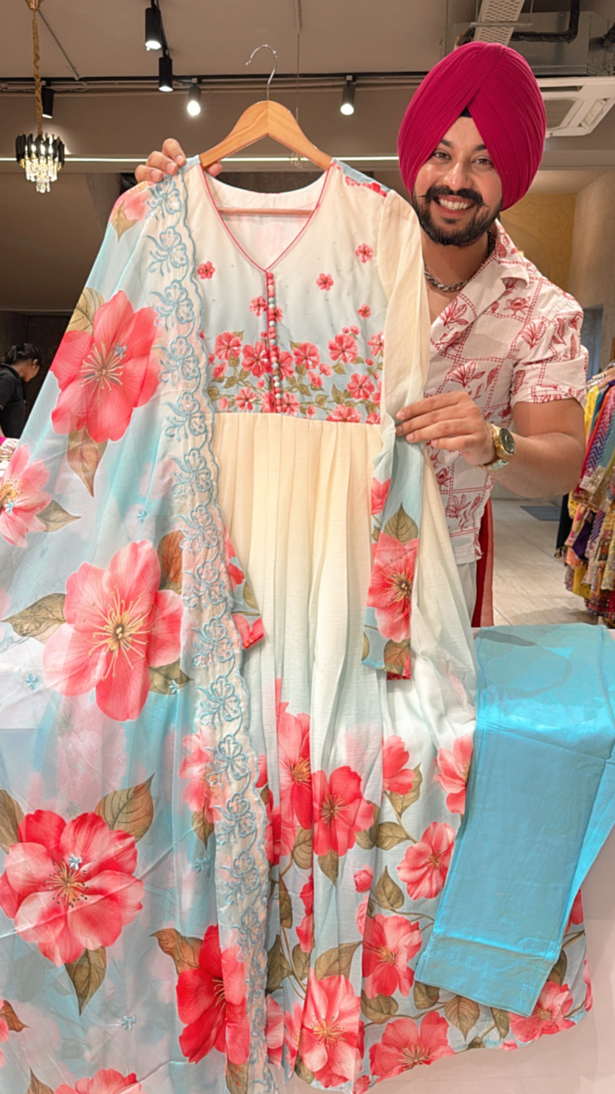 Light Blue Chiffon Full Flair Floral Anarkali Suit with Beautiful Hand Embroidery work on neck & Embroiderd Organza Duppata
