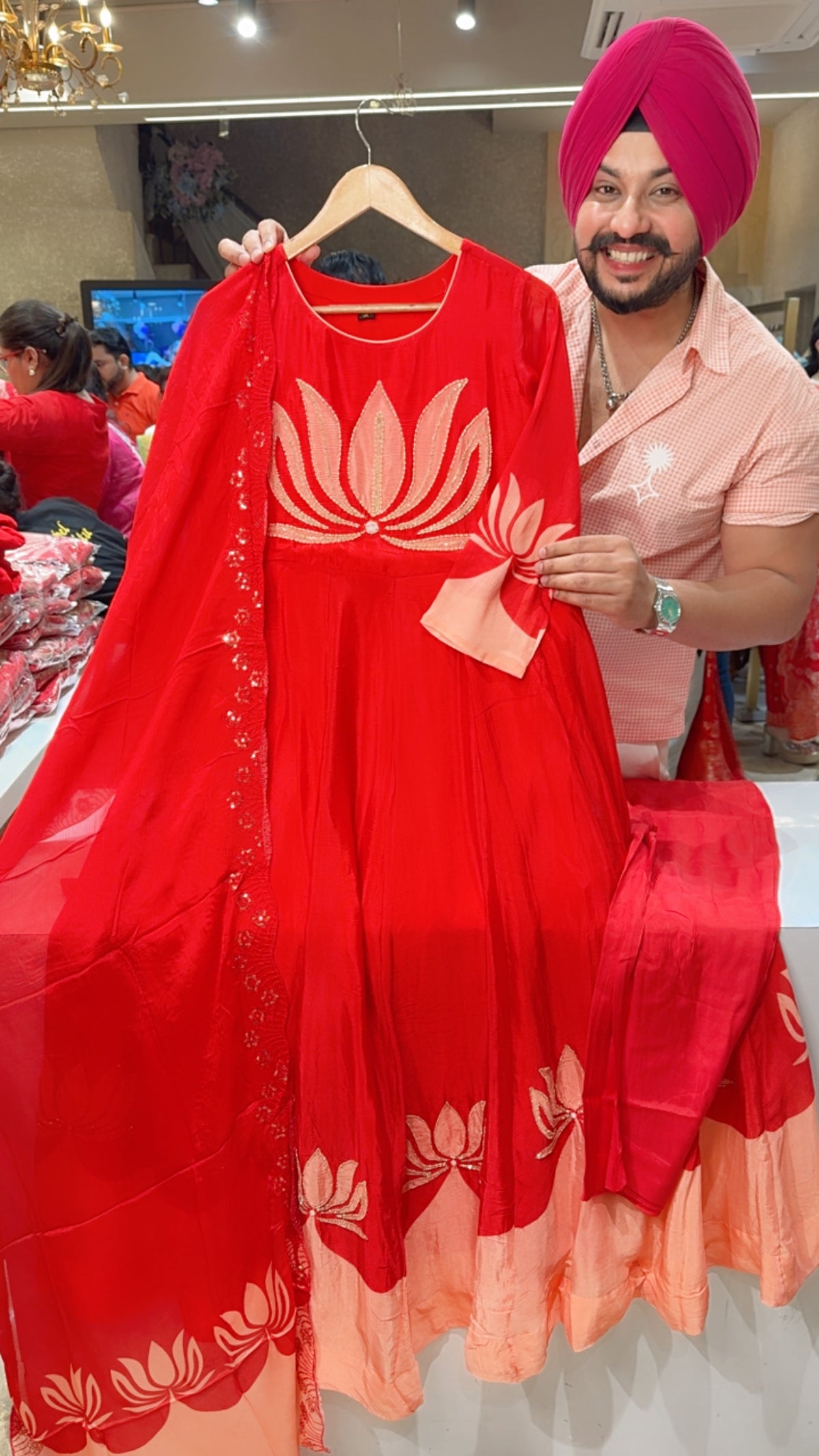 Tomato Red Chinon Lotus print Hand & Pearl Embroidered Full Flair Anarkali Suit