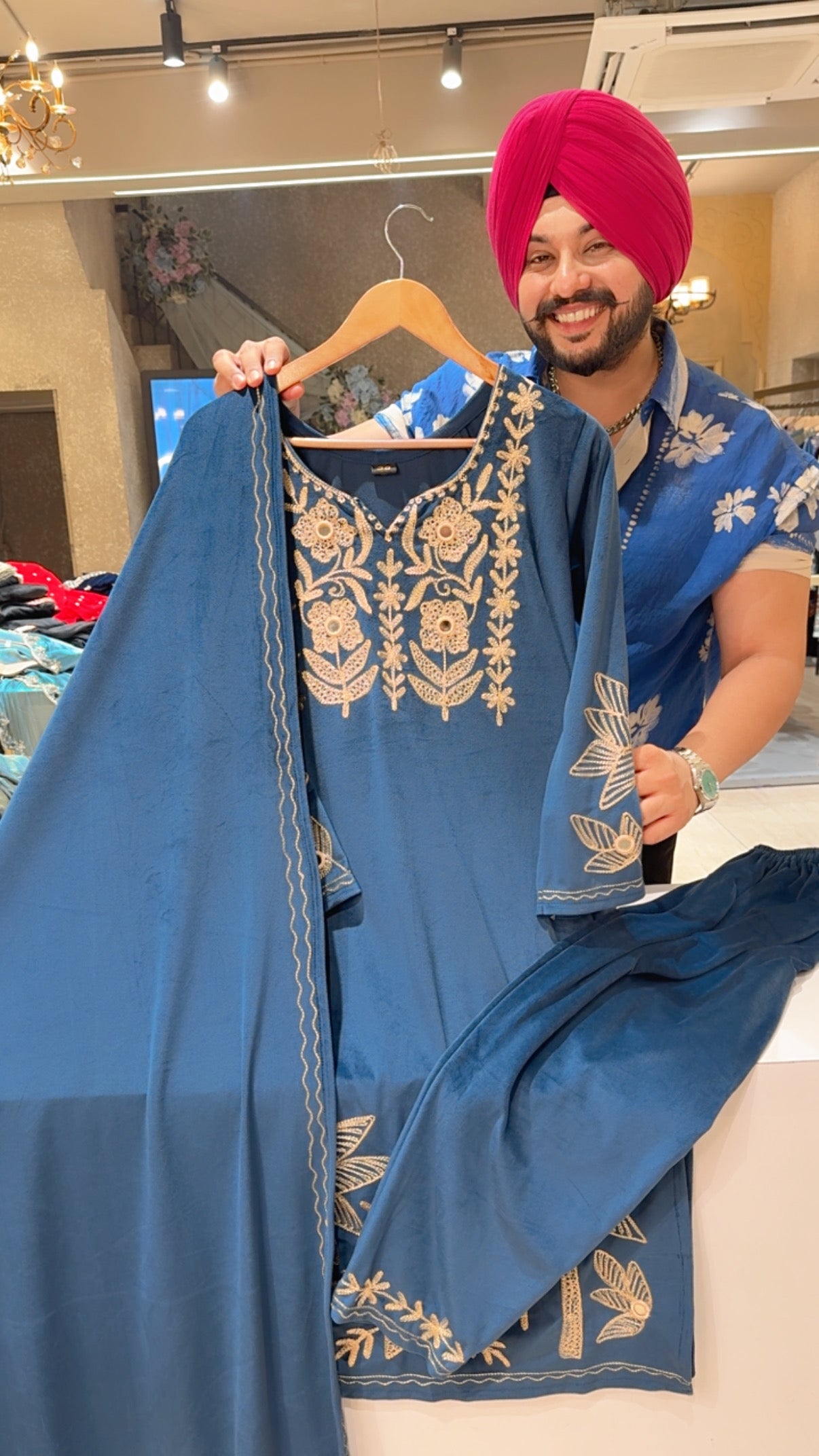English Blue soft Velvet Embroidered Straight Suit with Beautiful Duppata