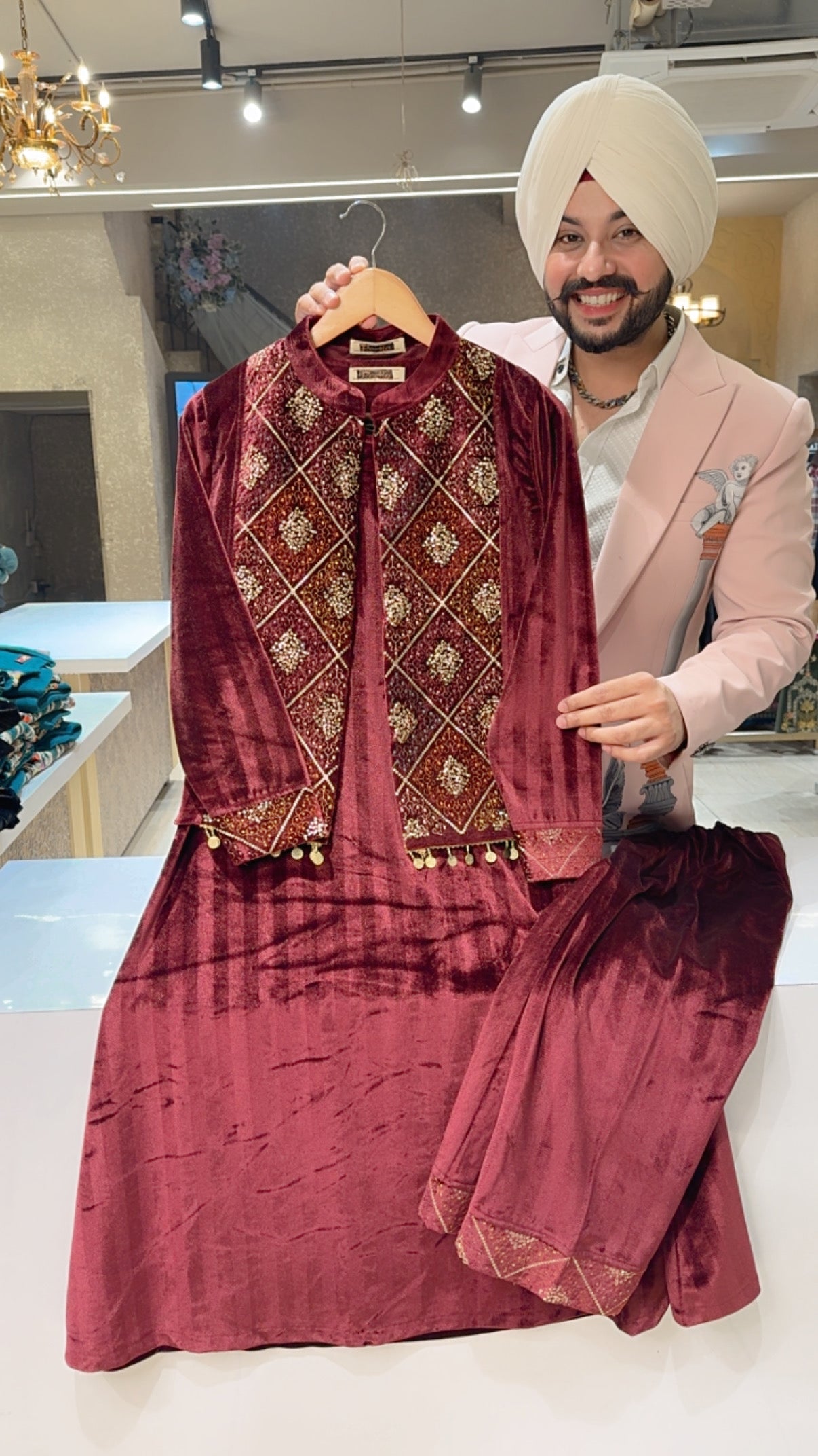 Maroon Velvet long Length A-line Coord set with Heavy embroidered & sequins Work Short Jacket