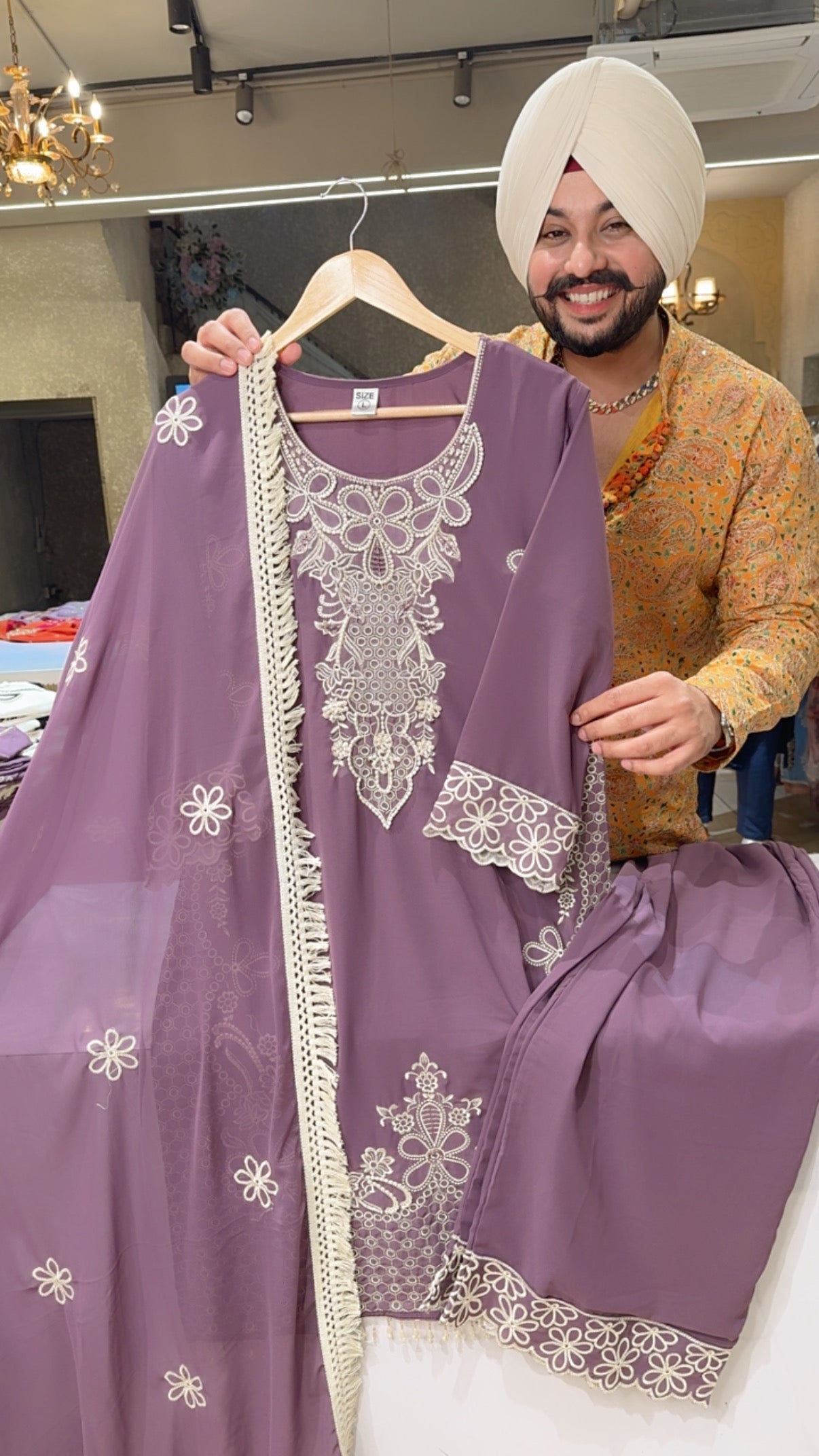Lavender Georgette Embroidered Kashmiri Suit with Pearl Work On Neck & Kiran Lace Duppata