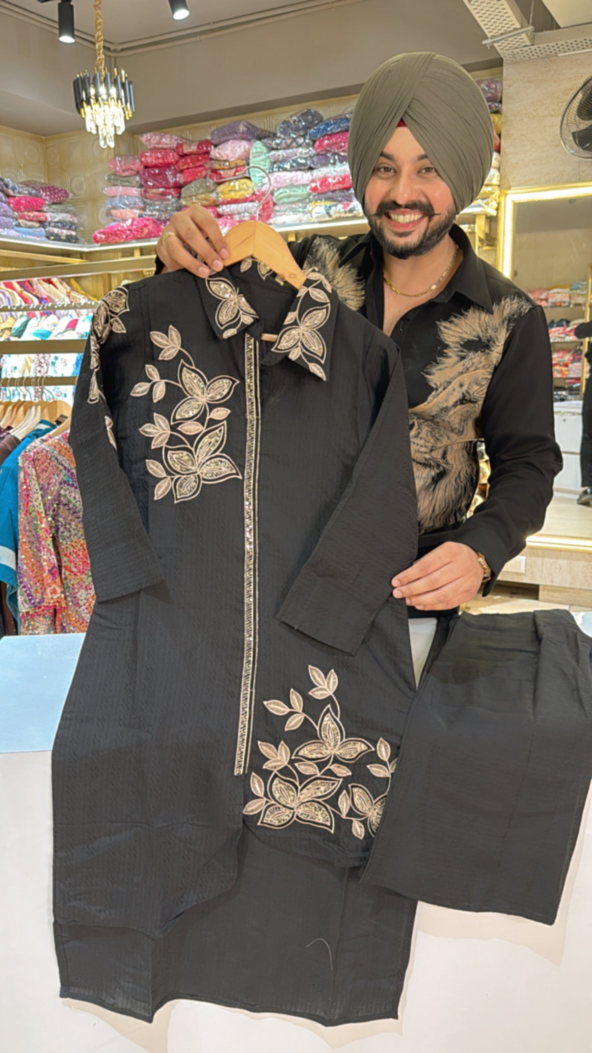 Black soft silk Collar Neck High low Long Length Coord set with Beautiful embroidery work over it