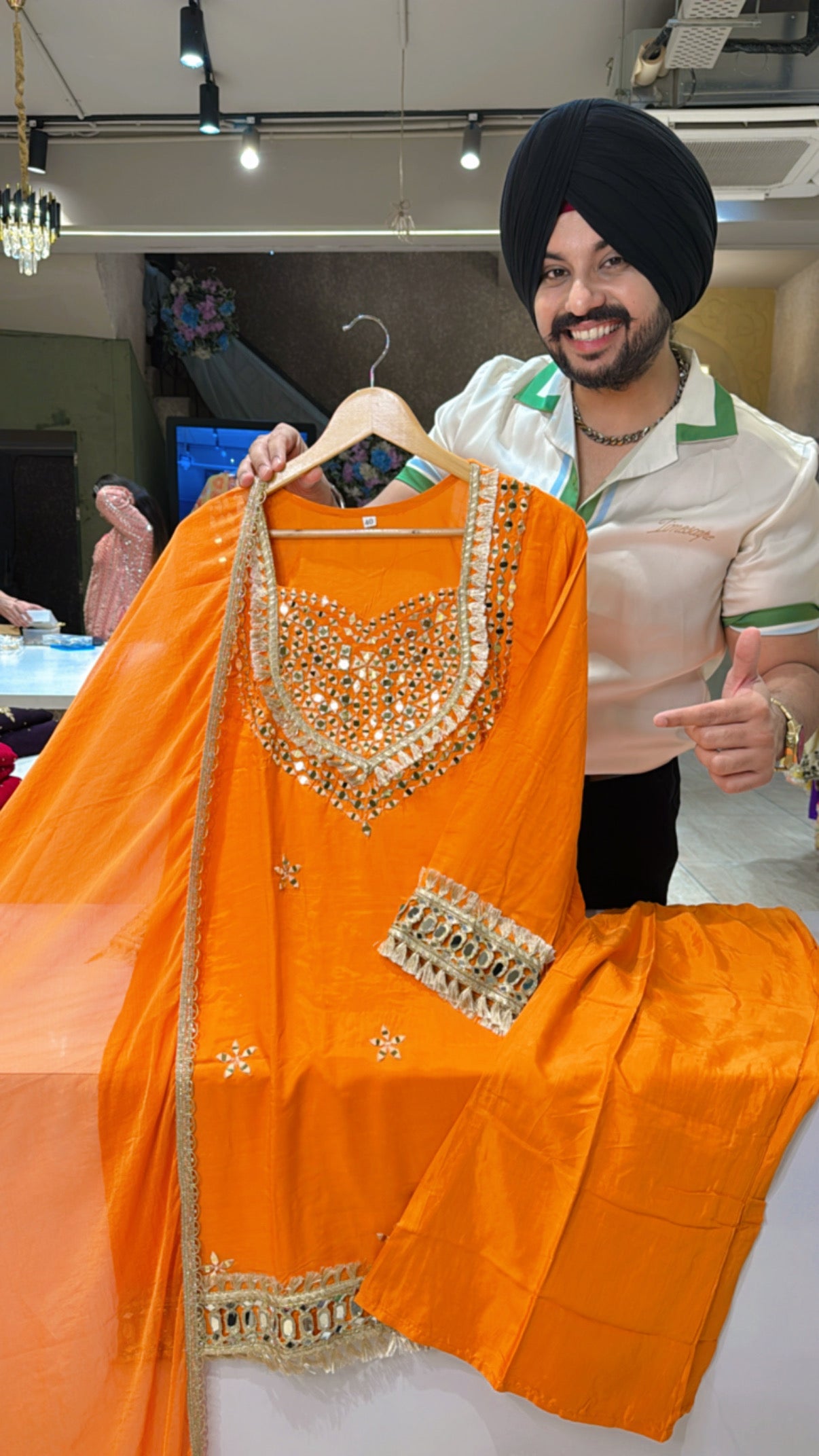 Orange Soft Silk Indowestern BellBottom Suit with Mirror Work on it
