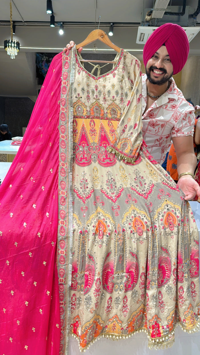 Premium Muslin Bandhej print Multicolored Pearl & Mirror Pasting Party Wear Straight Suit