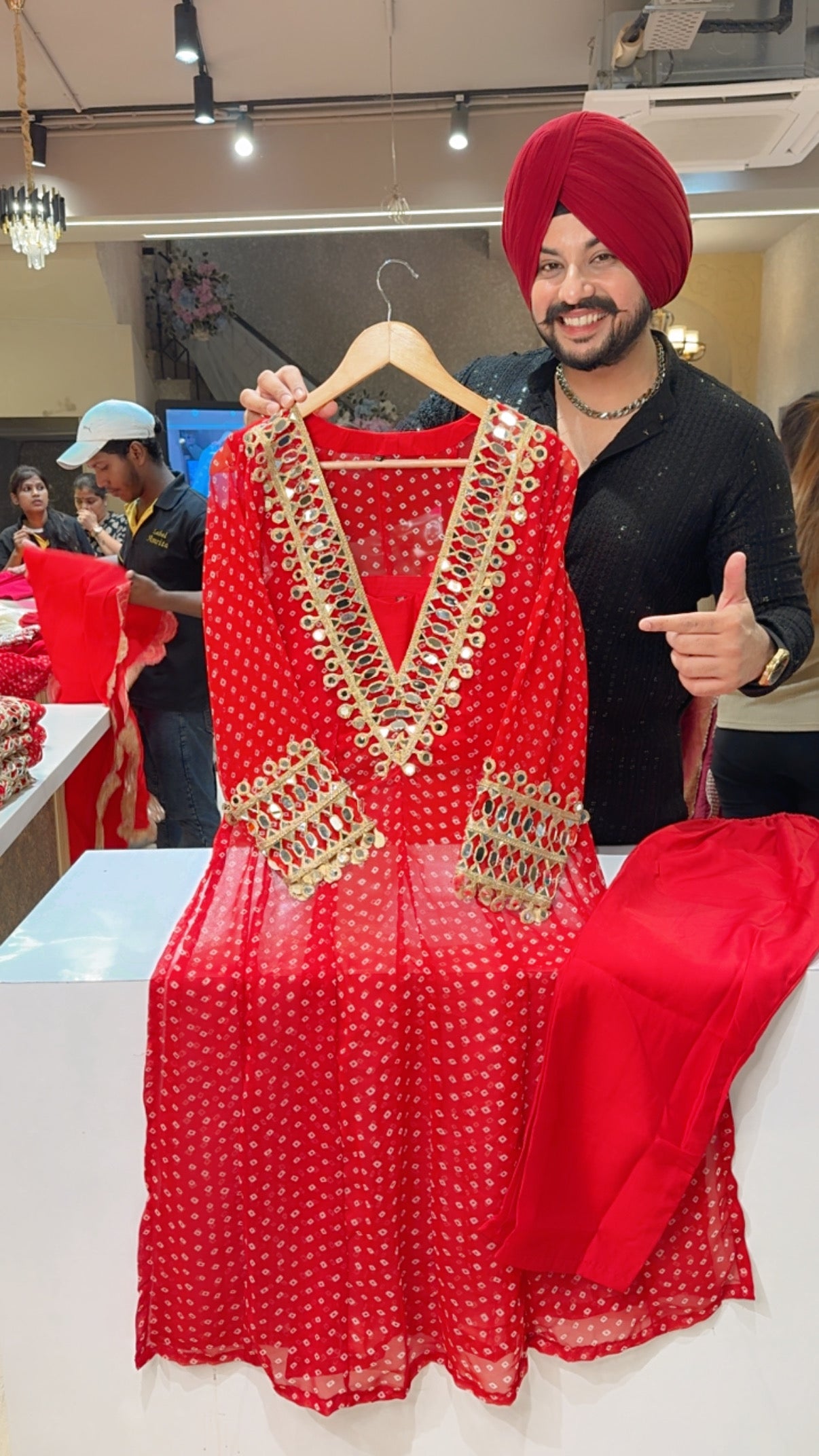 Red Georgette Bandhej print Designer Long length Coord set with Heavy mirror Pasting on Designer Neck & sleeves