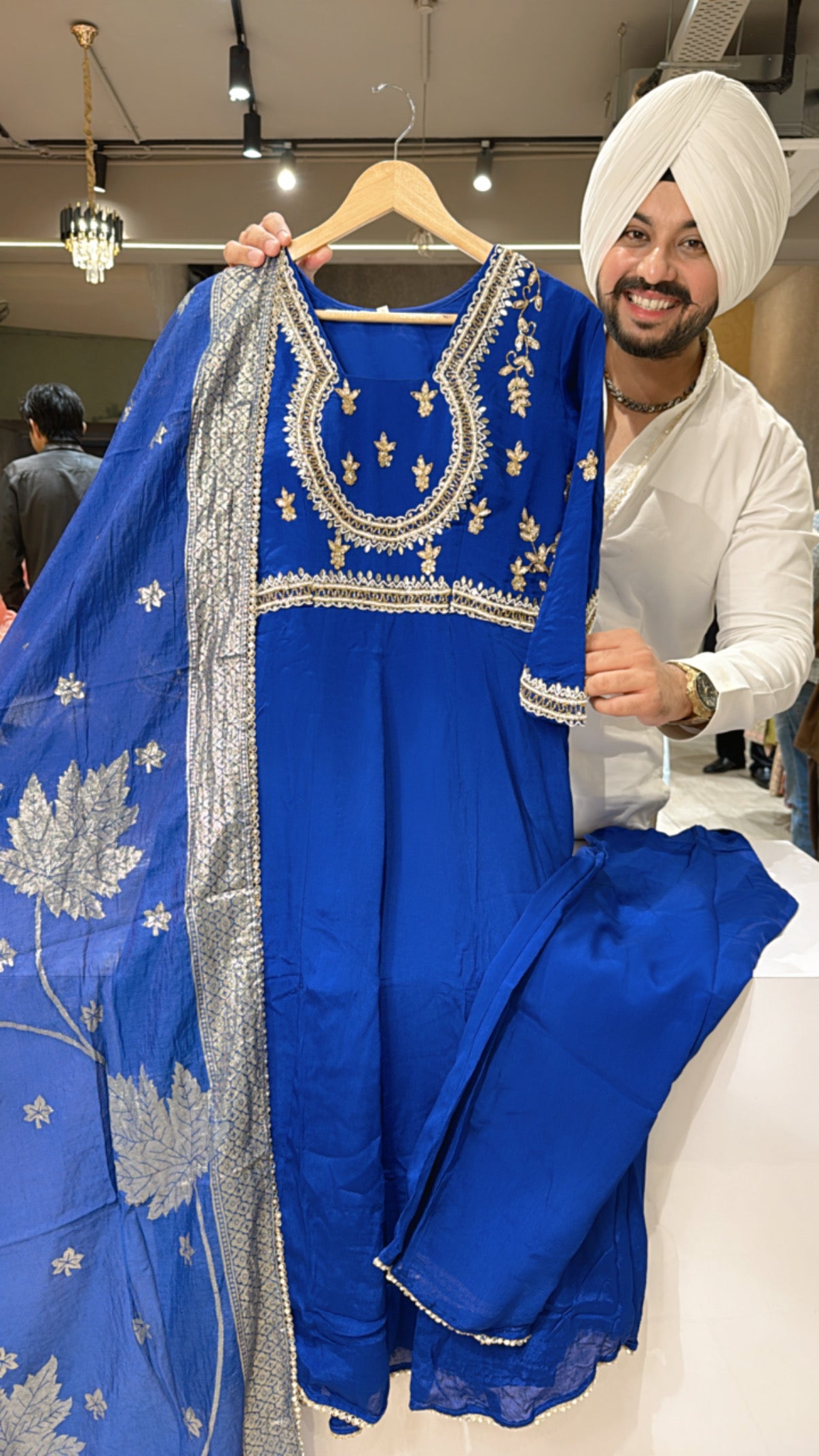 Ink Blue Chinon Heavy Hand Embroidered Anarkali Suit with Designer Sleeves & Banarsi look Duppata