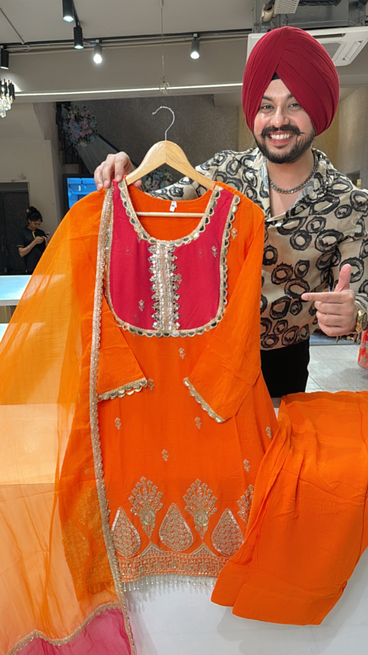 Orange Georgette Hand embroidered Farshi Salwar Set with Beautiful Organza Duppata