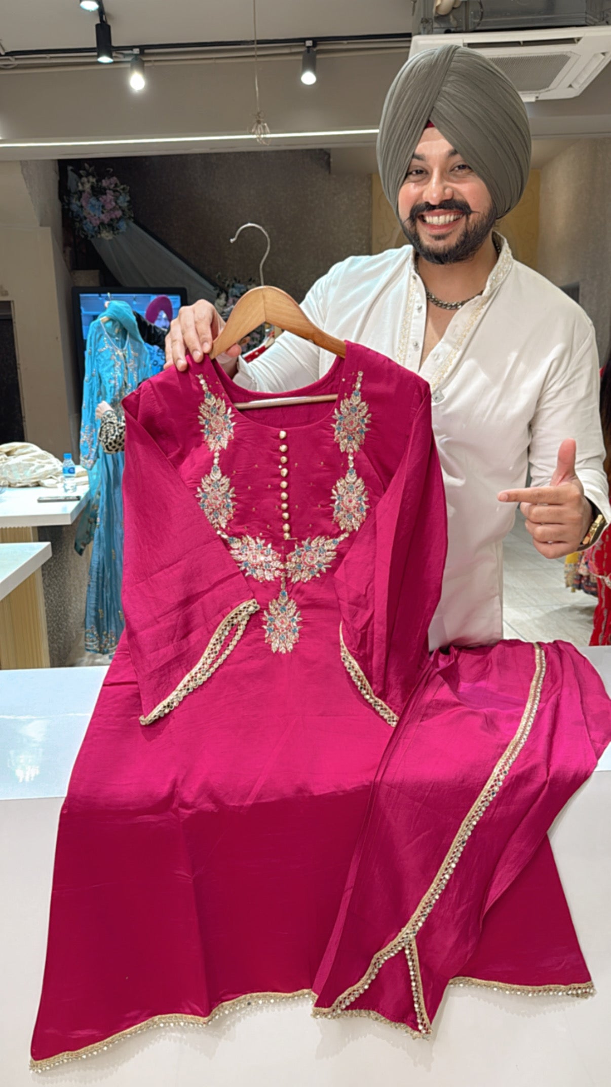 Fushia pink soft silk Hand embroidered C- cut Coord set with Stylish Tulip Pants